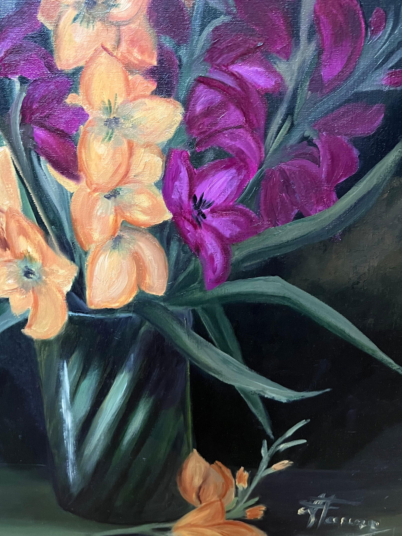 Annie Faure; Purple and Orange Gladiolus Bouquet Still Life 20th Century French Oil Painting - 10