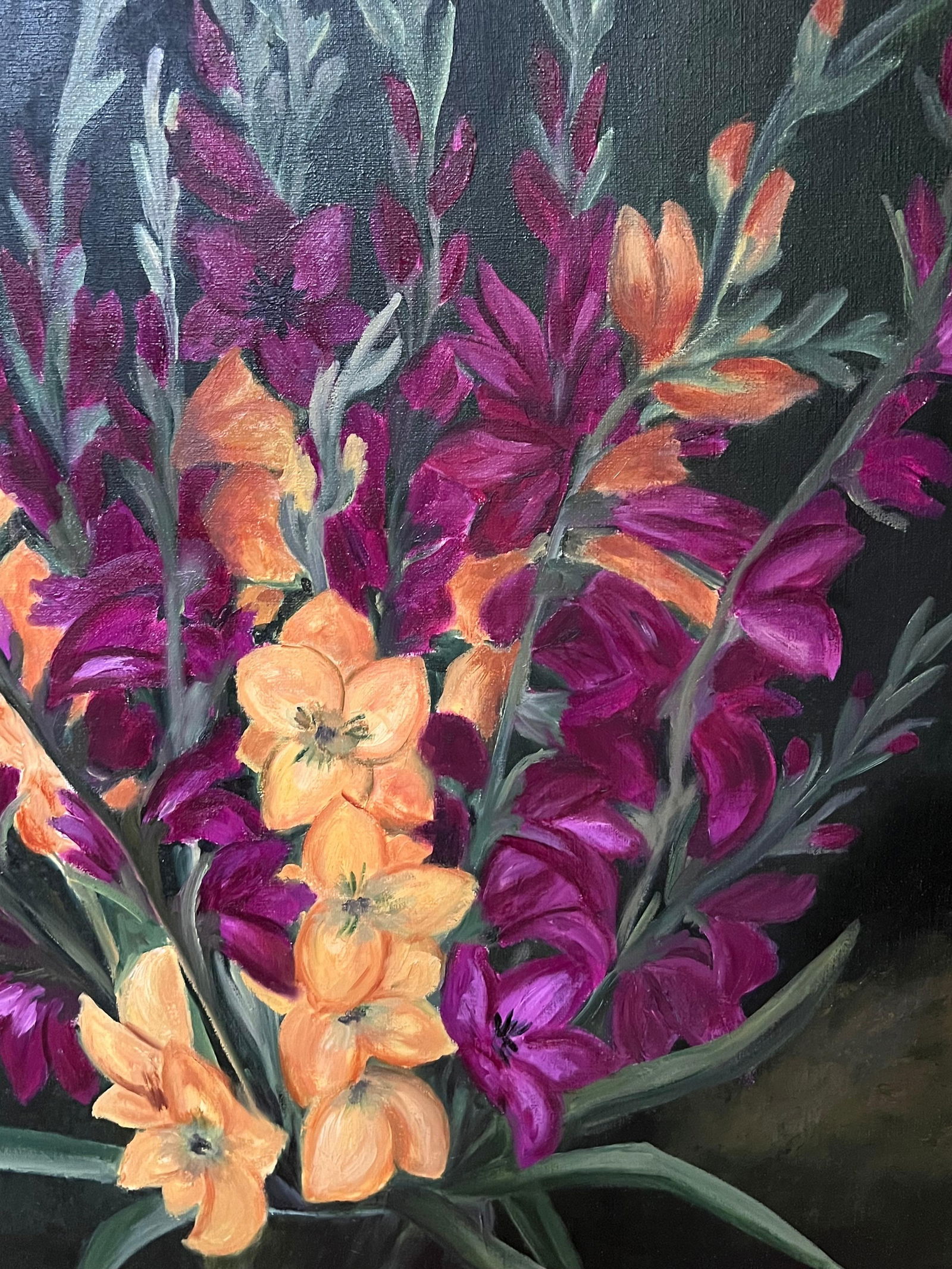Annie Faure; Purple and Orange Gladiolus Bouquet Still Life 20th Century French Oil Painting - 11