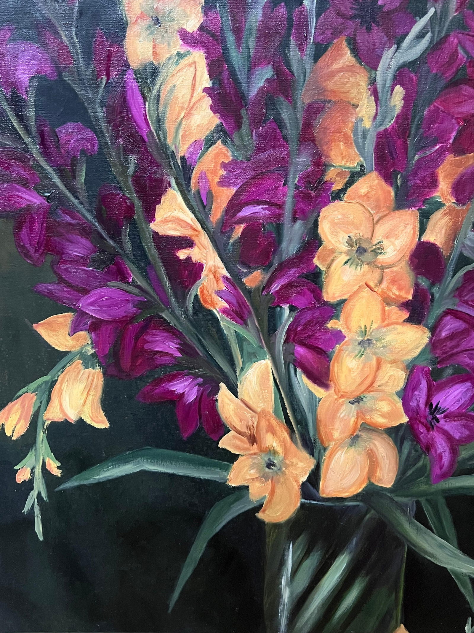 Annie Faure; Purple and Orange Gladiolus Bouquet Still Life 20th Century French Oil Painting - 12