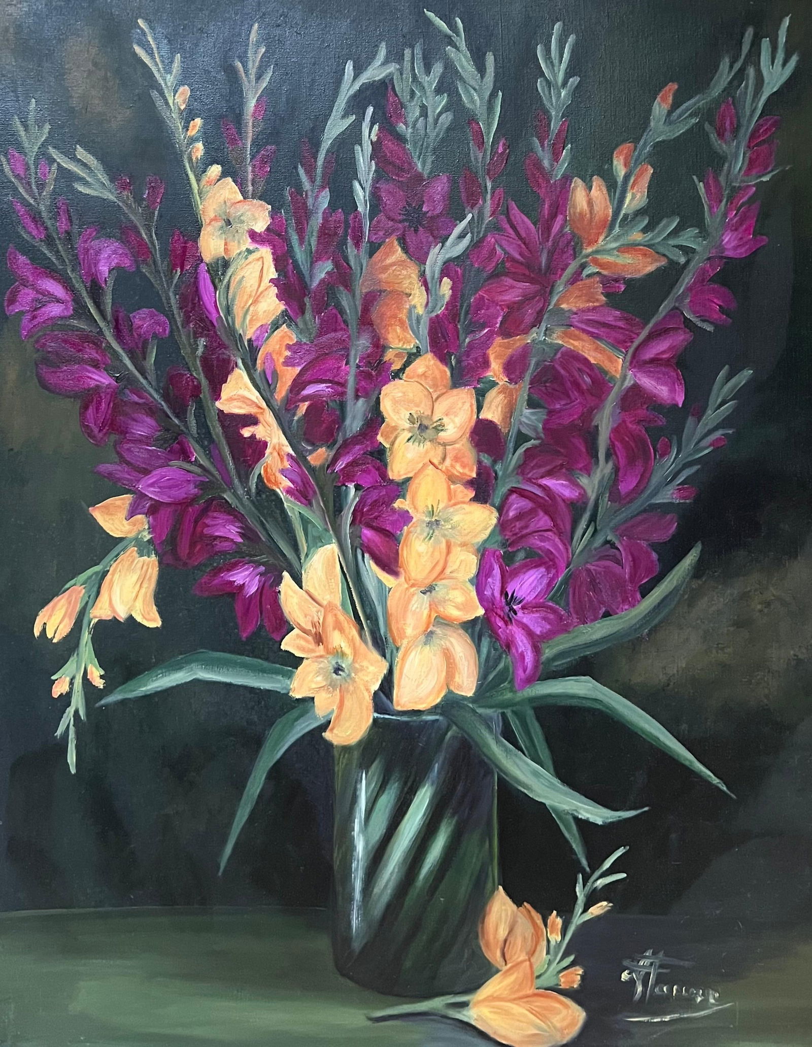 Annie Faure; Purple and Orange Gladiolus Bouquet Still Life 20th Century French Oil Painting: Title: Annie Faure; Purple and Orange Gladiolus Bouquet Still Life 20th Century French Oil Painting Description: Fisherman Portrait by Annie Faure (French 1940-2021) signed lower corner oil painting o