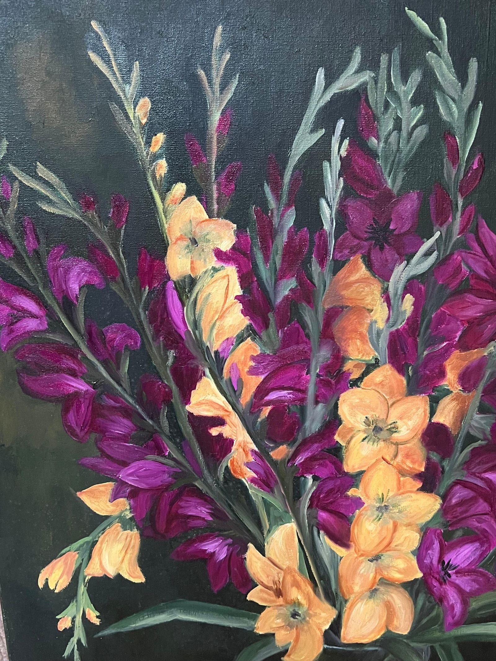 Annie Faure; Purple and Orange Gladiolus Bouquet Still Life 20th Century French Oil Painting - 5