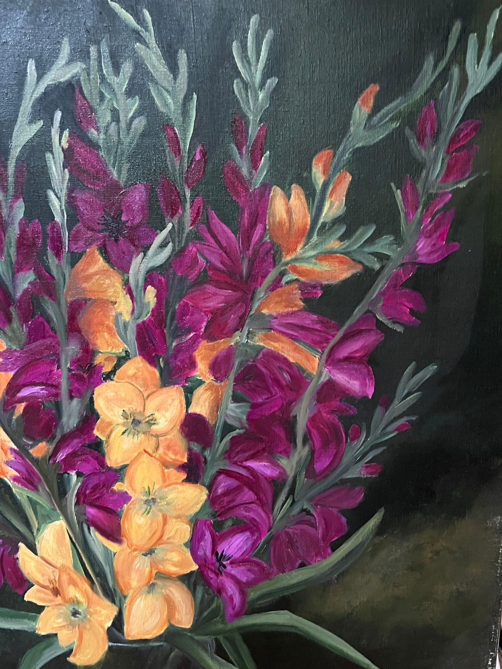 Annie Faure; Purple and Orange Gladiolus Bouquet Still Life 20th Century French Oil Painting - 6