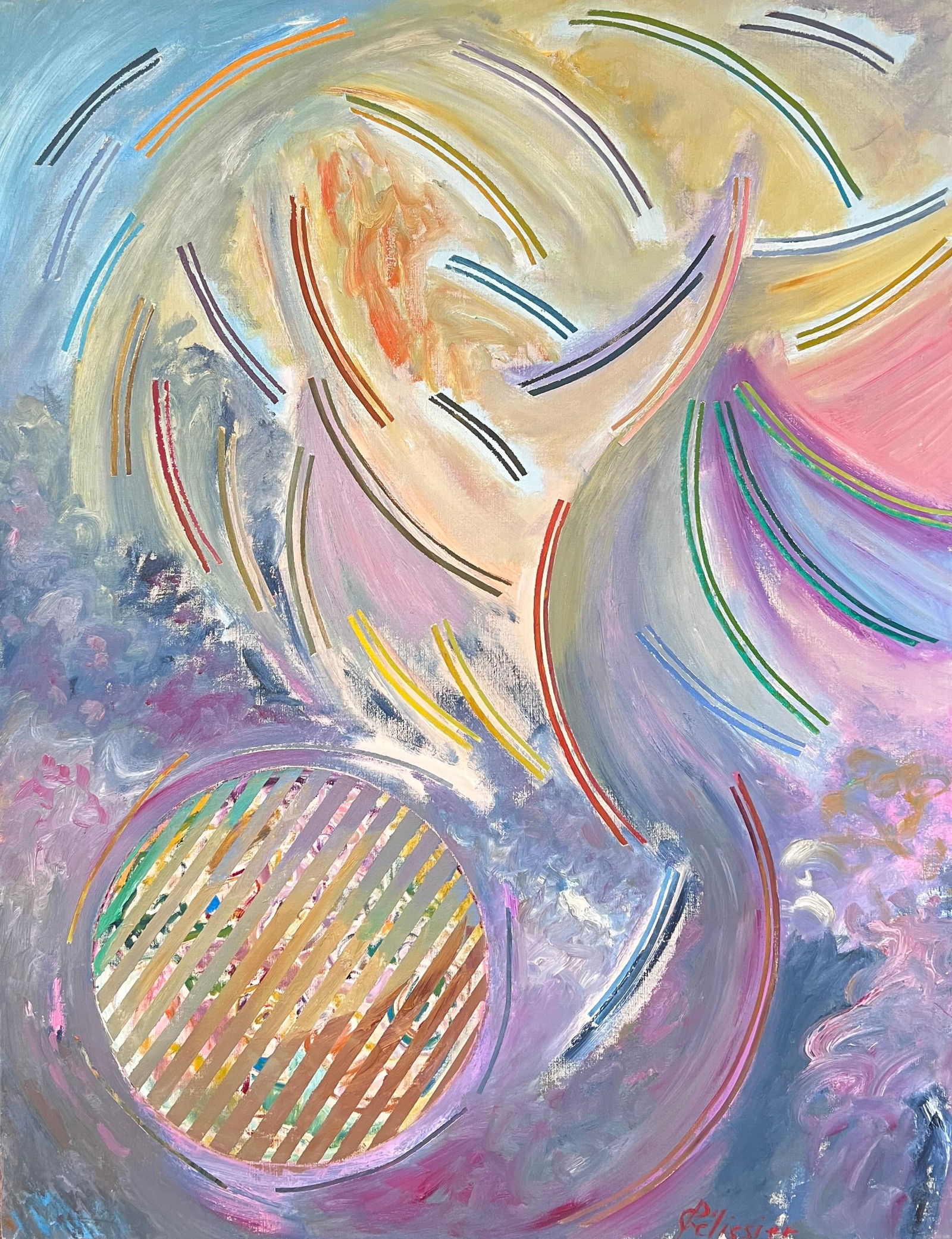 Gilbert Pelissier; Pastel Purple and Yellow Abstract with Quirky Lines French Century Painting, 87 - 15