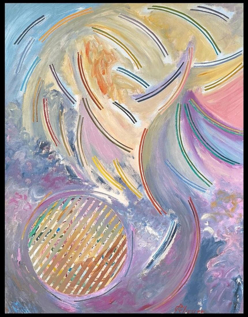 Gilbert Pelissier; Pastel Purple and Yellow Abstract with Quirky Lines French Century Painting, 87 - 6