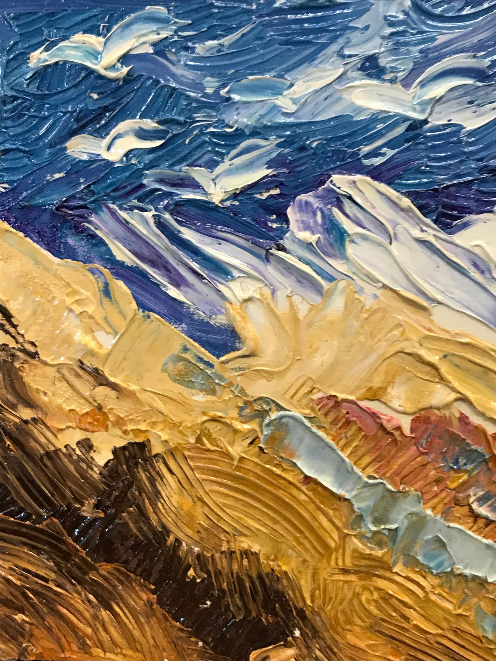 Bright & Colorful French Impressionist Oil Painting, Seagulls Over Mountains, 2000 - 10