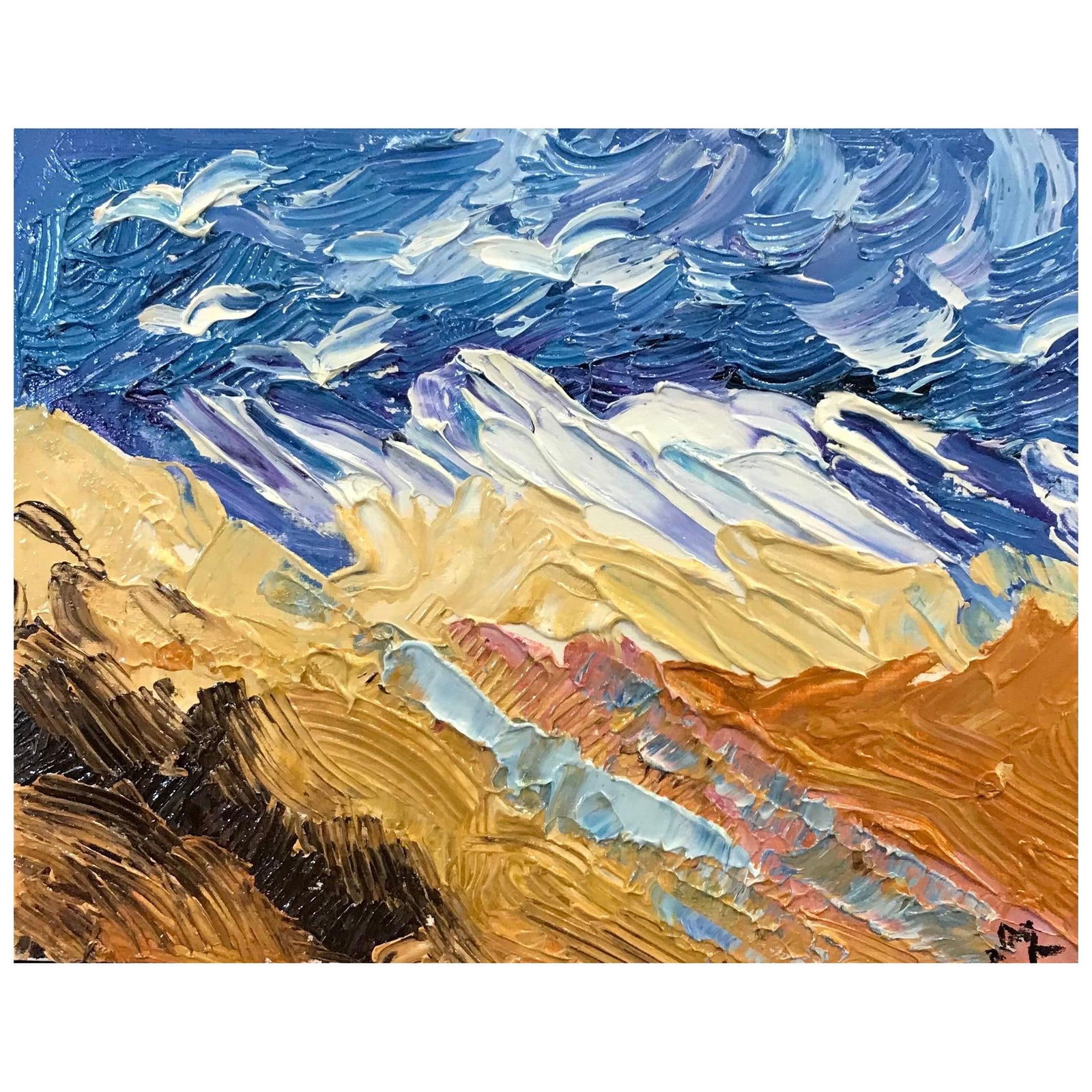 Bright & Colorful French Impressionist Oil Painting, Seagulls Over Mountains, 2000 - 13