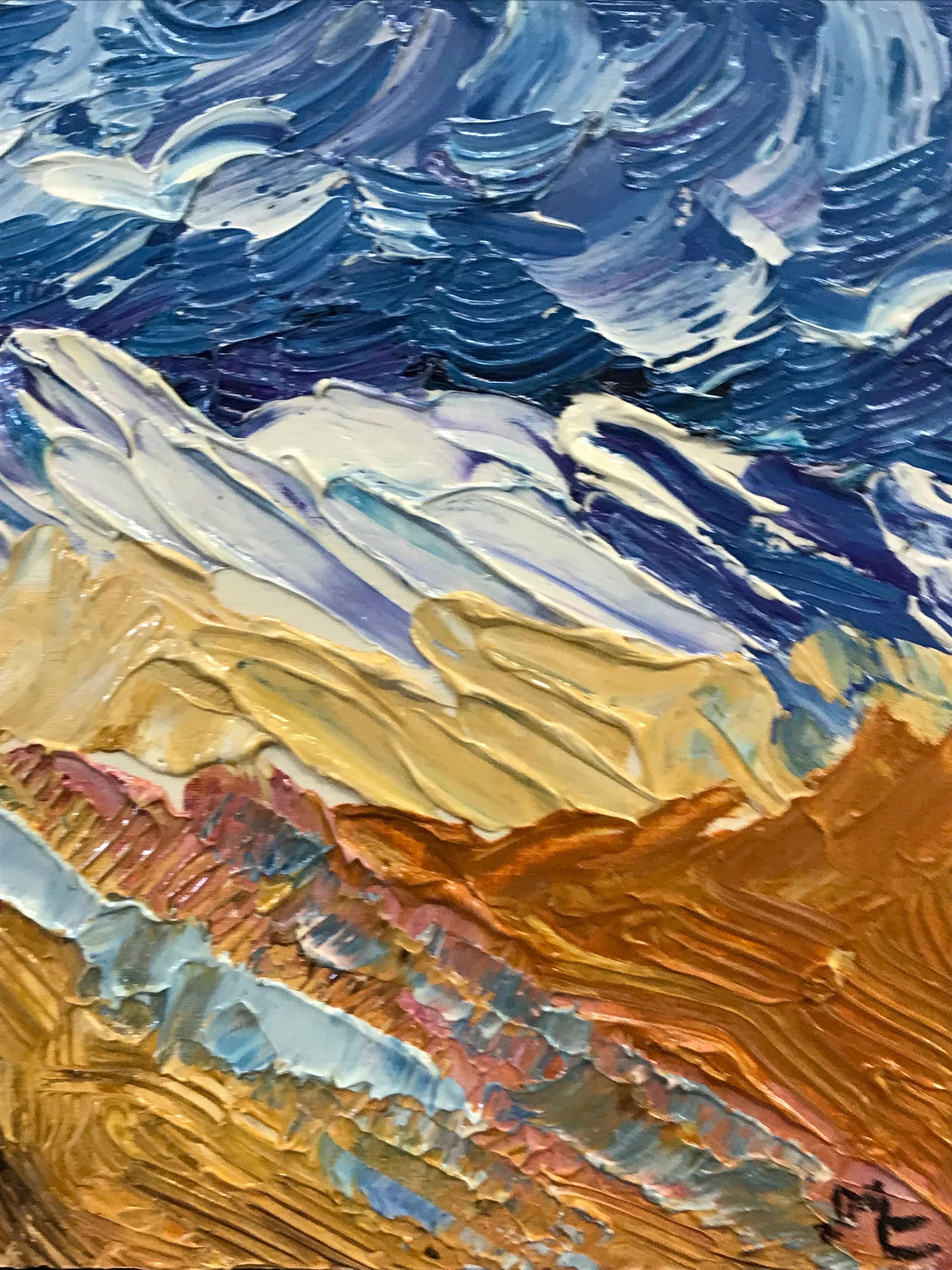 Bright & Colorful French Impressionist Oil Painting, Seagulls Over Mountains, 2000 - 14