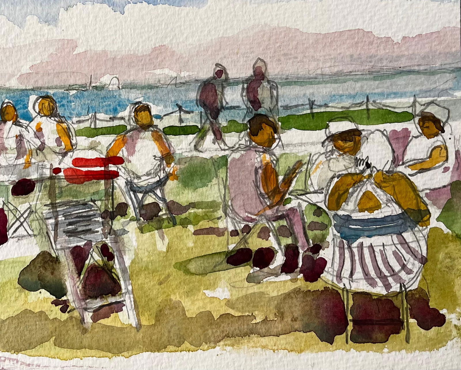 John Steane (b.1931); Osborne House Beach Scene Isle of Wight 2018 Watercolour Figures and Sea View, - 17