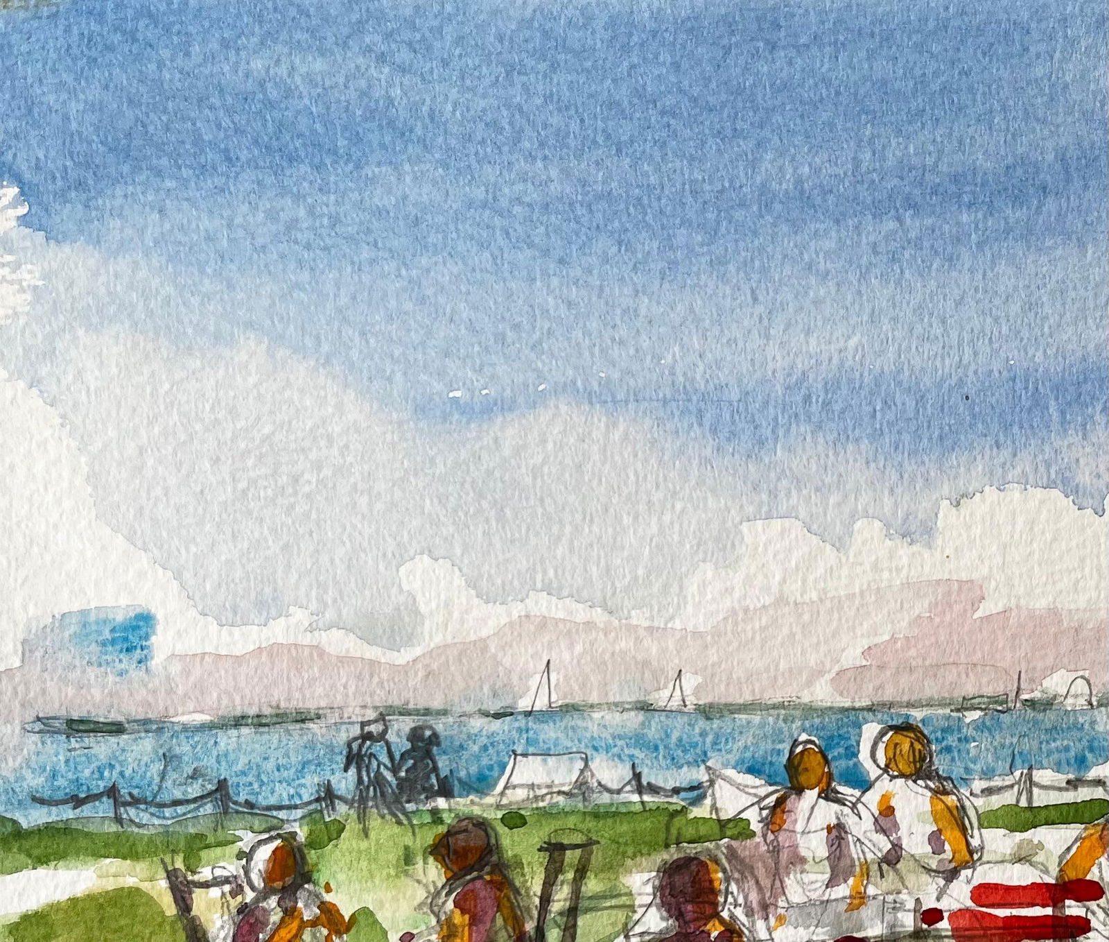 John Steane (b.1931); Osborne House Beach Scene Isle of Wight 2018 Watercolour Figures and Sea View, - 19