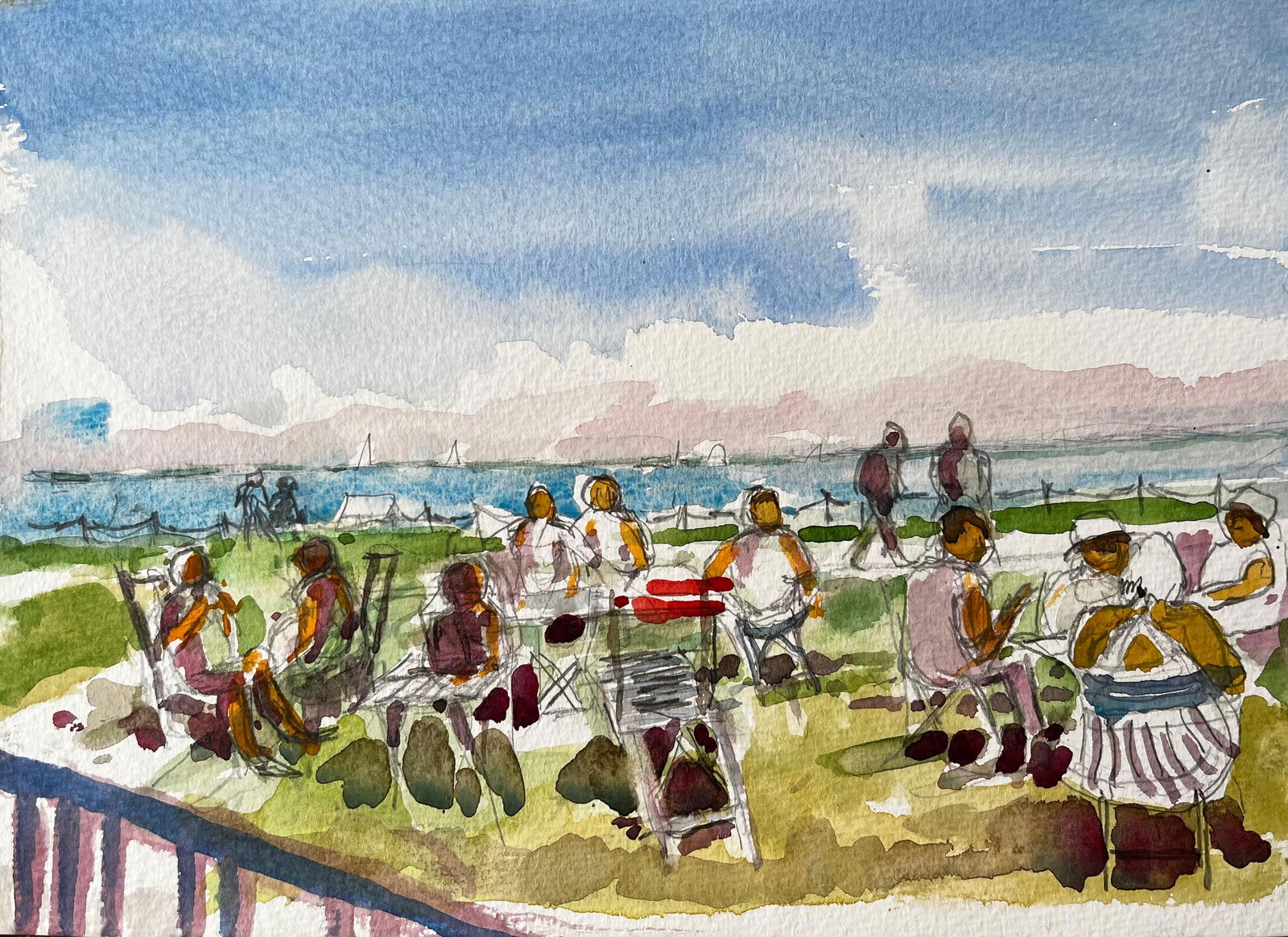 John Steane (b.1931); Osborne House Beach Scene Isle of Wight 2018 Watercolour Figures and Sea View,: Title: John Steane (b.1931); Osborne House Beach Scene Isle of Wight 2018 Watercolour Figures and Sea View, 2018 Description: Title: Lobster Pots and Fishing Nets on Dorset Coastline 1967 Coastal Wate