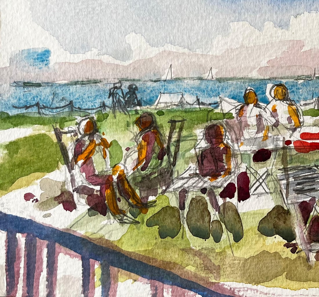John Steane (b.1931); Osborne House Beach Scene Isle of Wight 2018 Watercolour Figures and Sea View, - 2