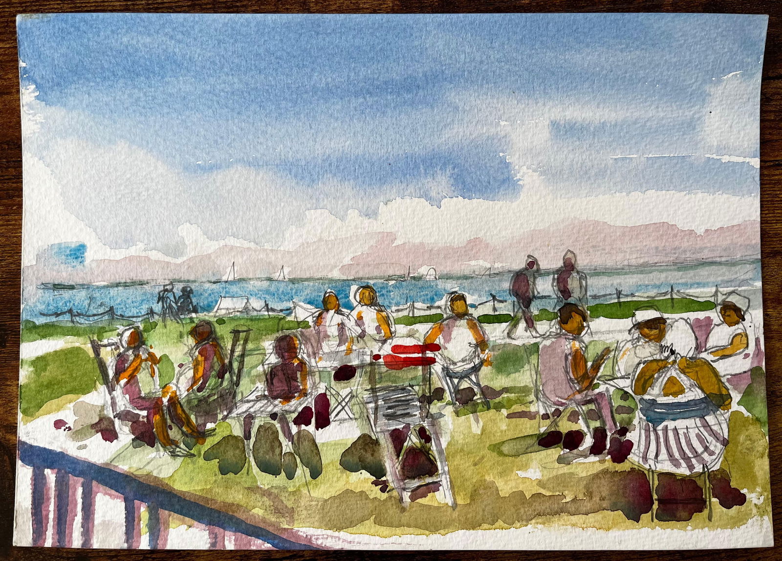 John Steane (b.1931); Osborne House Beach Scene Isle of Wight 2018 Watercolour Figures and Sea View, - 8