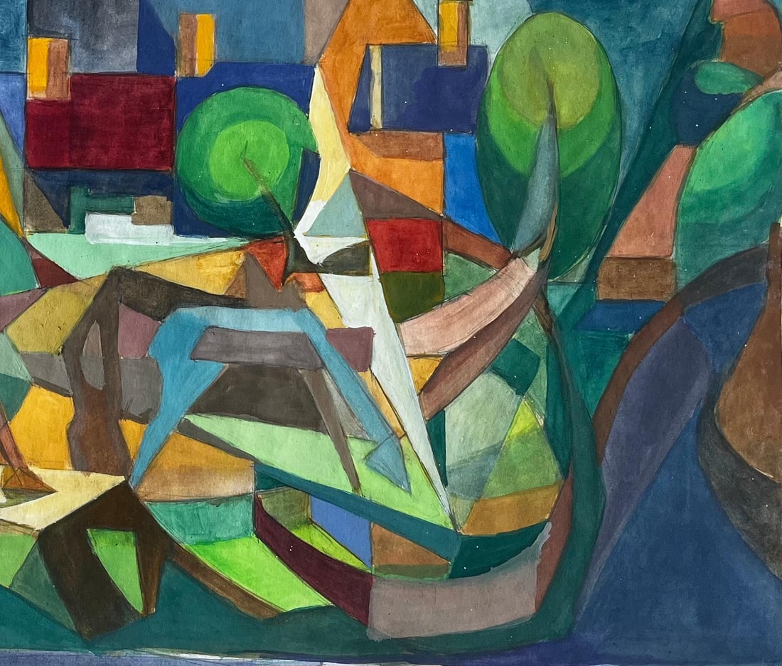 Guy Nicod; Cubist Gouache French Village Landscape With Trees Houses And Church Tower - 7