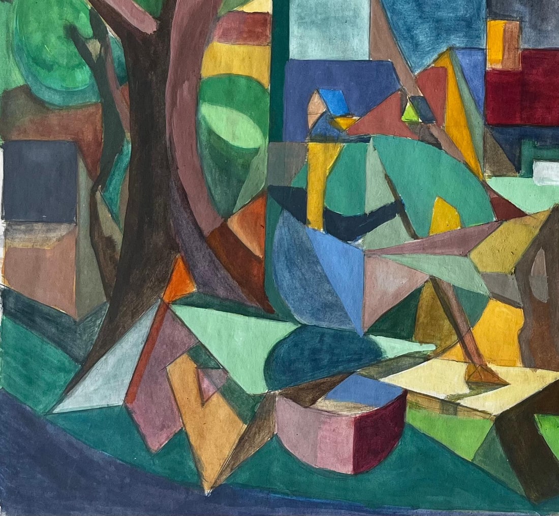 Guy Nicod; Cubist Gouache French Village Landscape With Trees Houses And Church Tower - 8