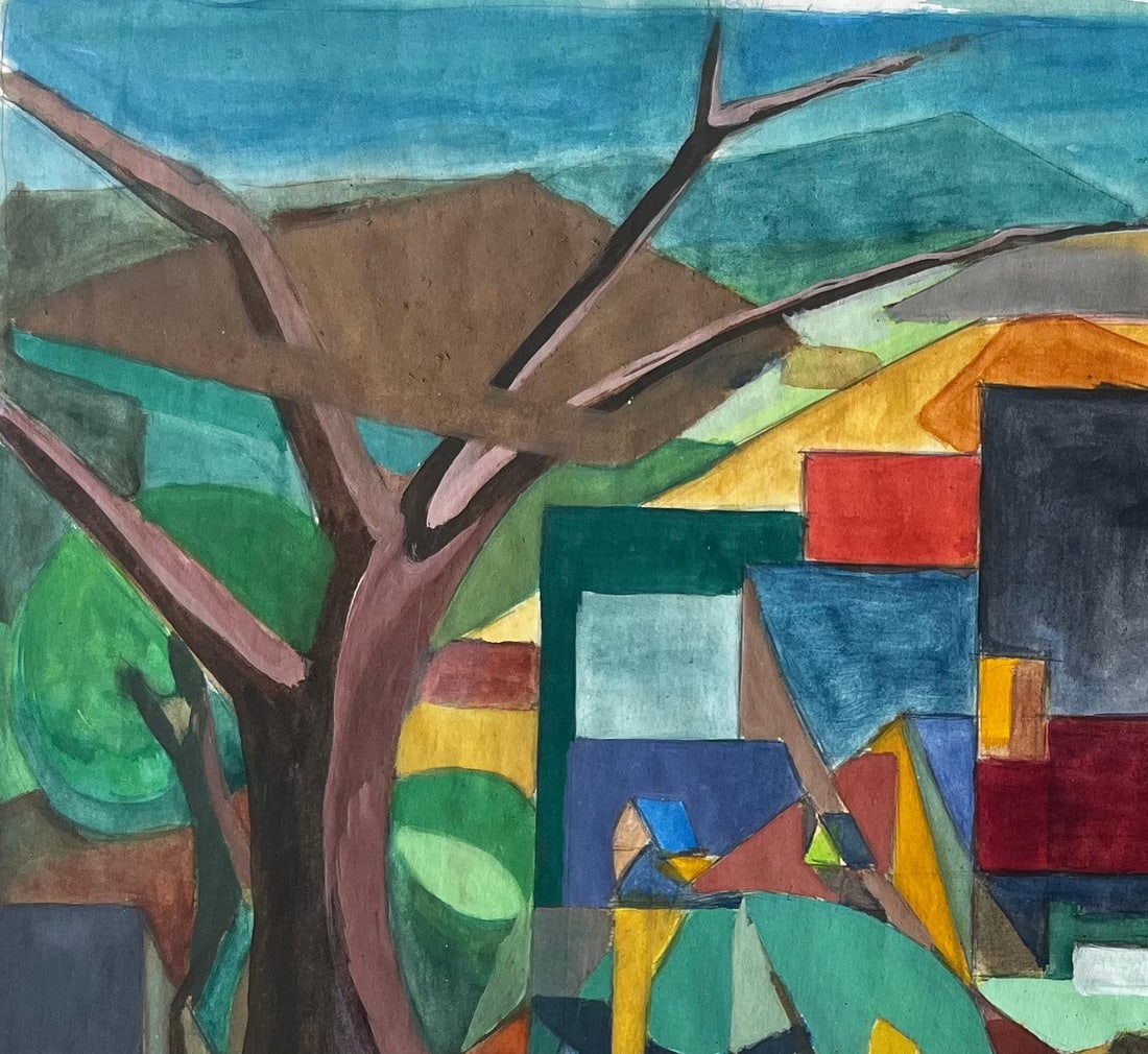 Guy Nicod; Cubist Gouache French Village Landscape With Trees Houses And Church Tower - 9