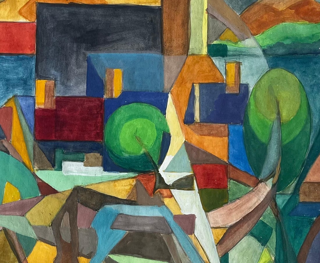 Guy Nicod; Cubist Gouache French Village Landscape With Trees Houses And Church Tower - 10