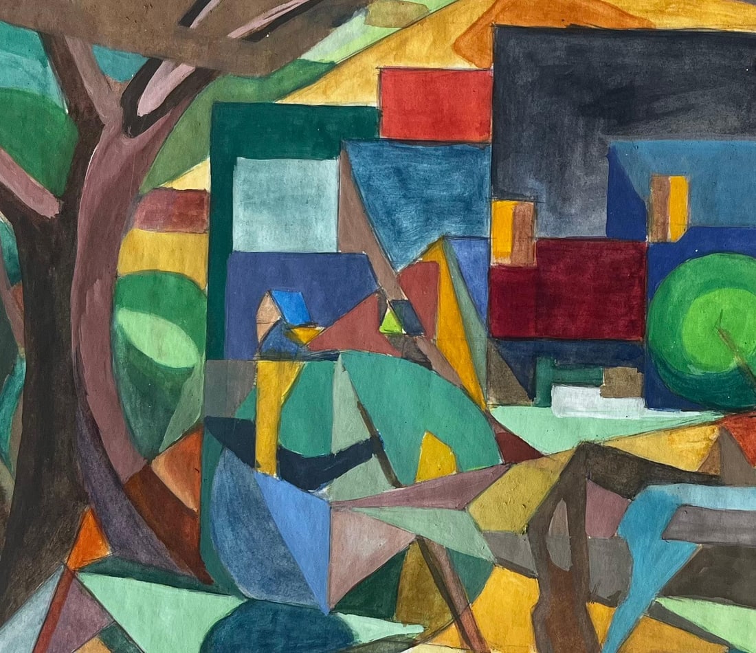 Guy Nicod; Cubist Gouache French Village Landscape With Trees Houses And Church Tower - 11