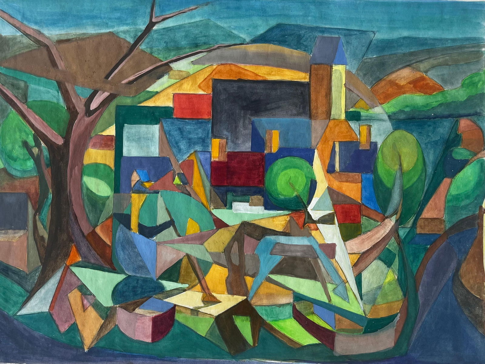 Guy Nicod; Cubist Gouache French Village Landscape With Trees Houses And Church Tower (1 of 14)