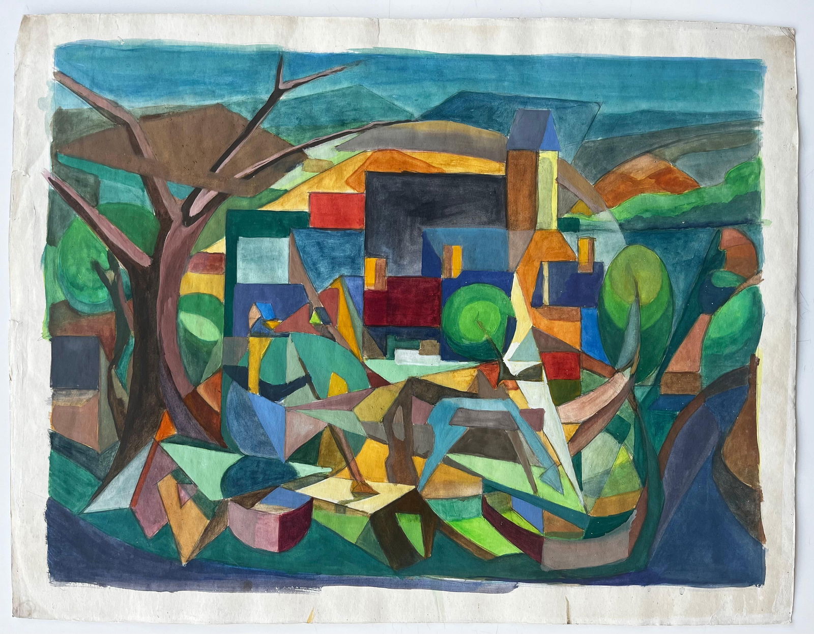 Guy Nicod; Cubist Gouache French Village Landscape With Trees Houses And Church Tower - 14