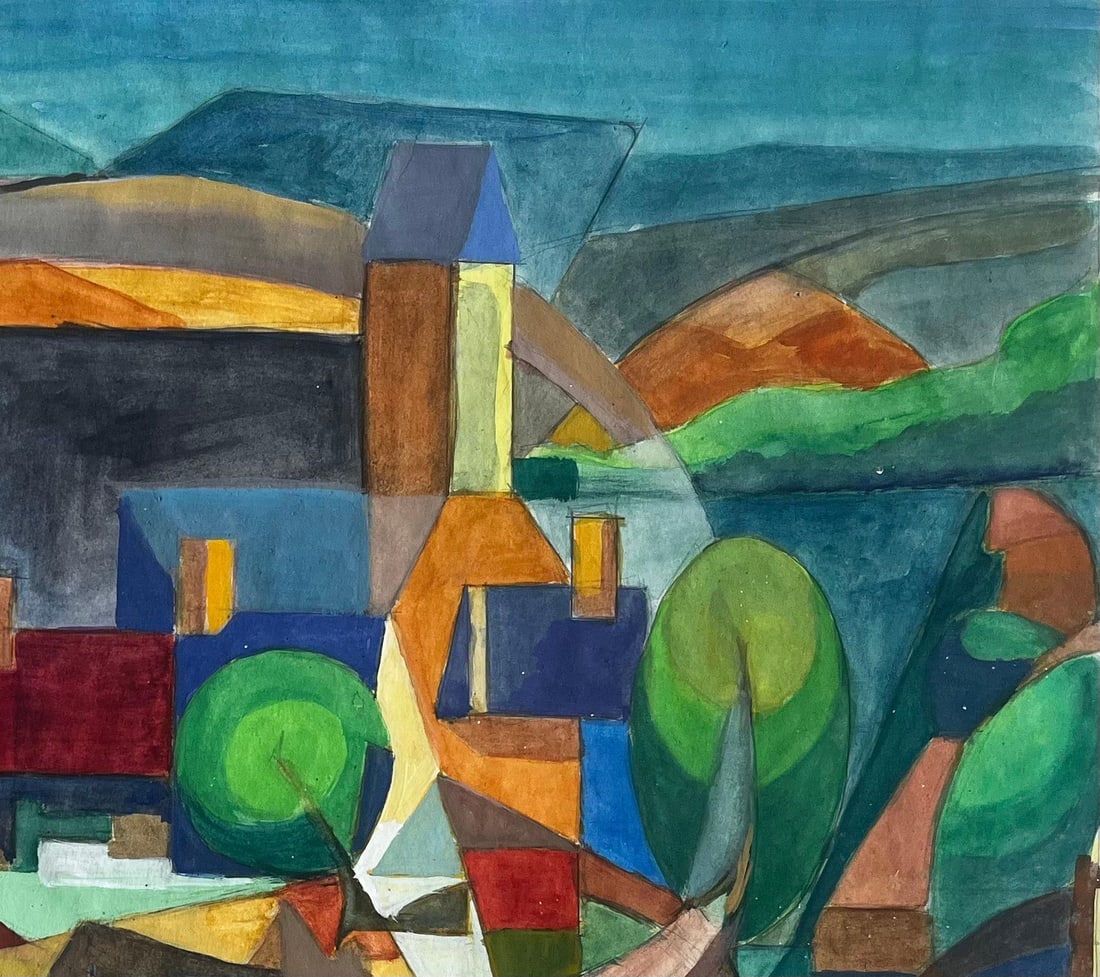 Guy Nicod; Cubist Gouache French Village Landscape With Trees Houses And Church Tower - 6