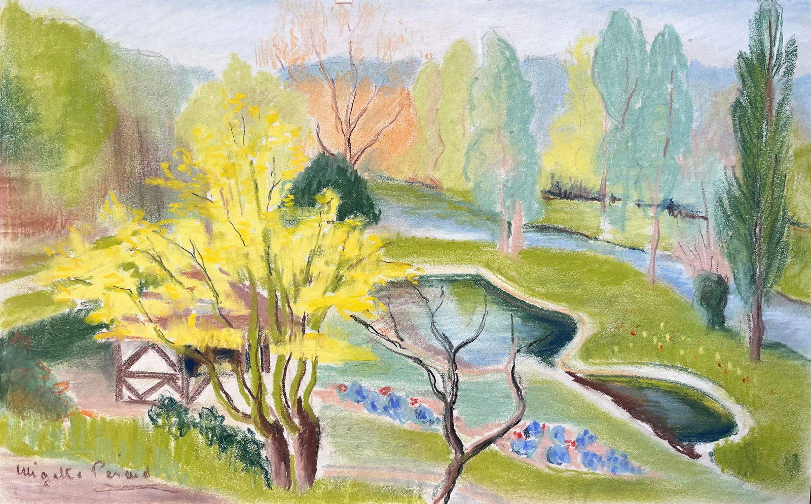 Anne Marie Migette Perard; Mid-20th Century Post-Impressionist Garden Landscape with Yellow Tree - 12
