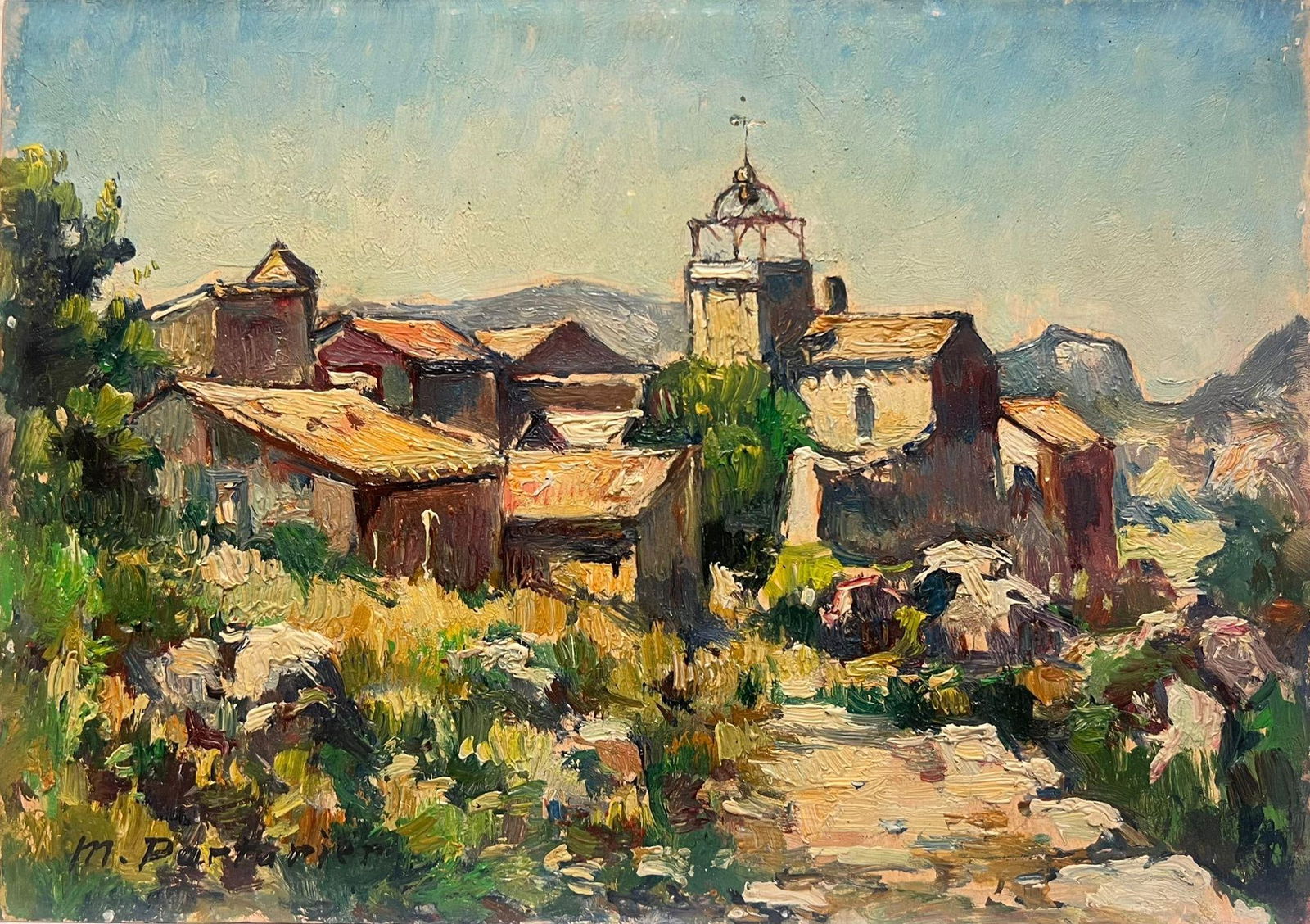 French School; 1950's French Signed Oil Sunlit Village in Provence French Oil Painting, mid 20th: Title: French School; 1950's French Signed Oil Sunlit Village in Provence French Oil Painting, mid 20th Century Description: Serene River Bridge in Spring Leon Dupin, signed and dated 1920's signed oi
