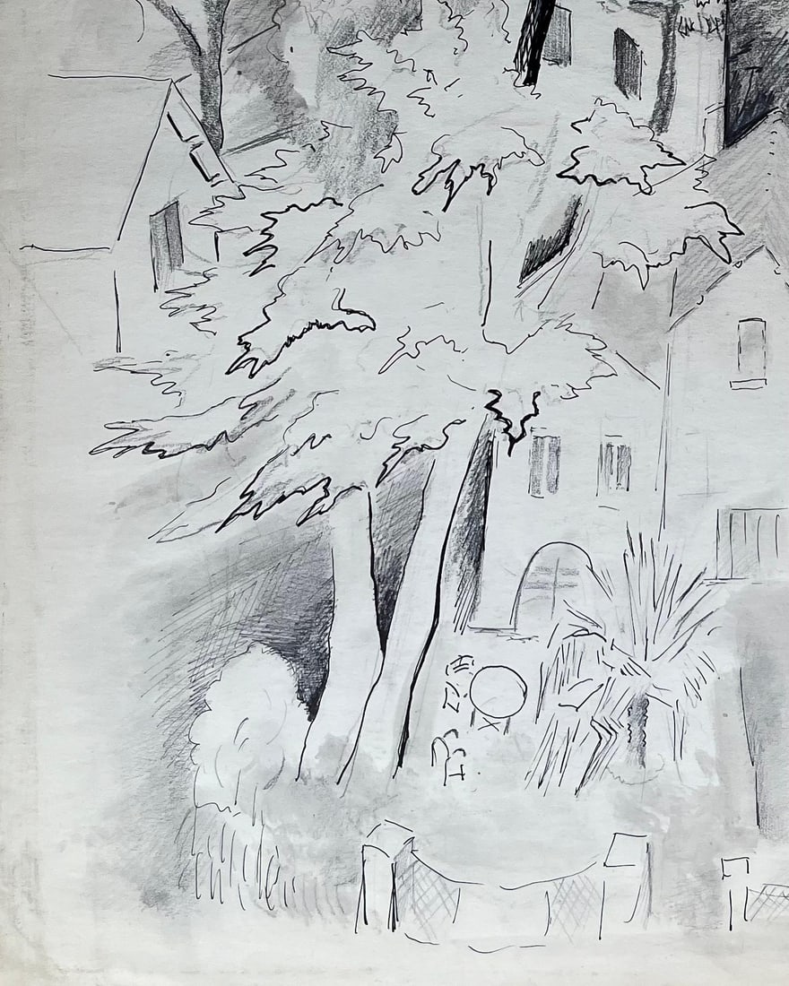 Anne Marie Migette Perard; French Mid-Century Ink and Graphite Drawing of Village Among Trees - 8
