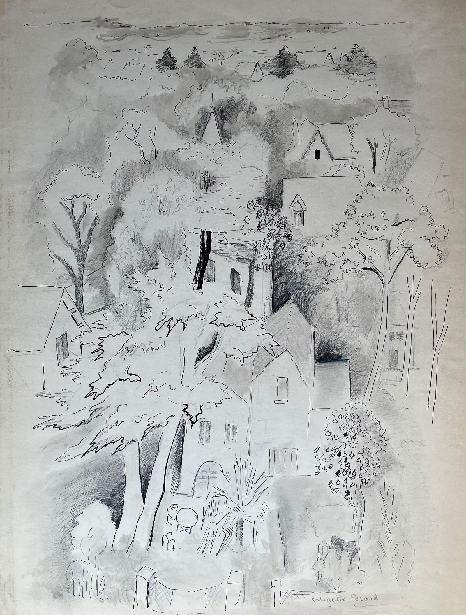 Anne Marie Migette Perard; French Mid-Century Ink and Graphite Drawing of Village Among Trees - 11