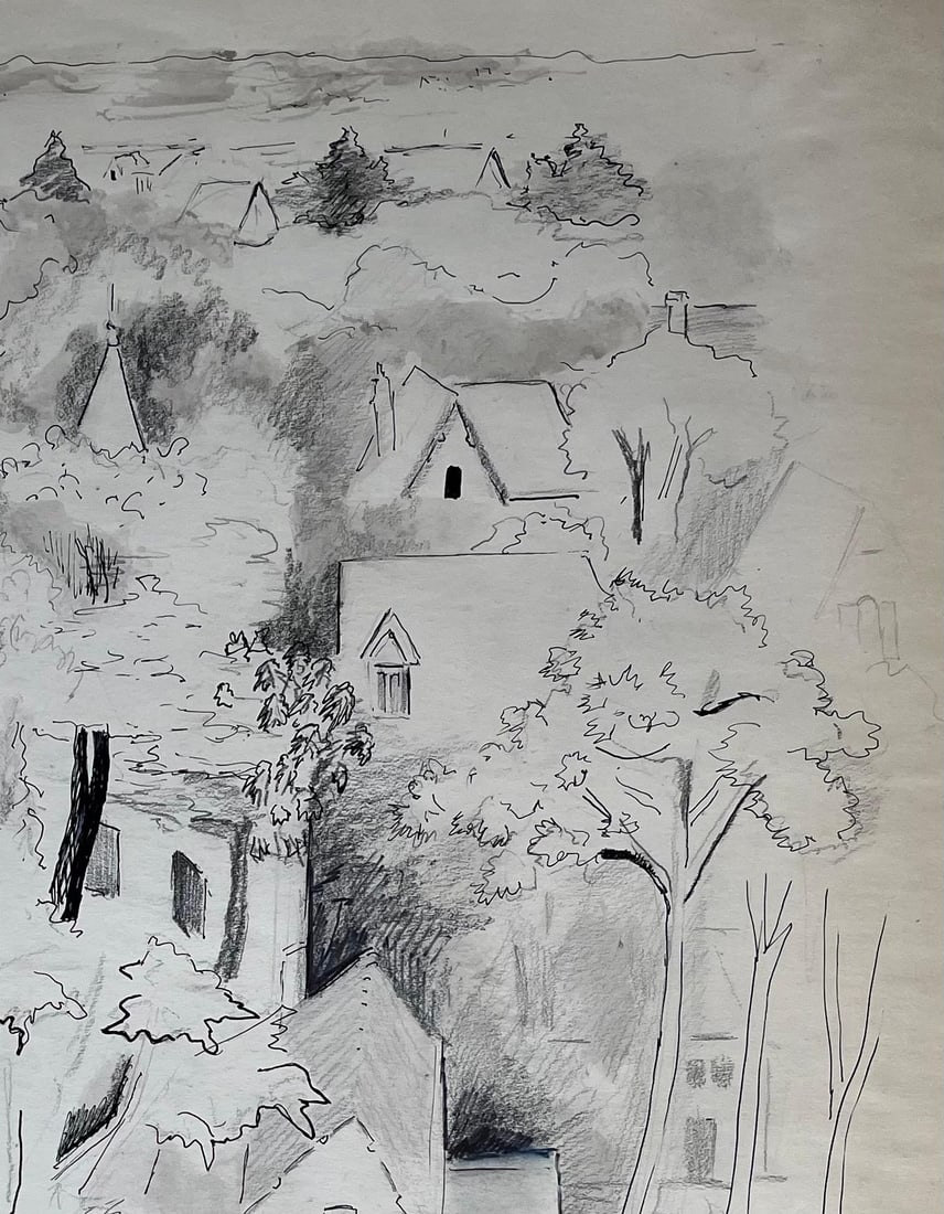 Anne Marie Migette Perard; French Mid-Century Ink and Graphite Drawing of Village Among Trees - 13