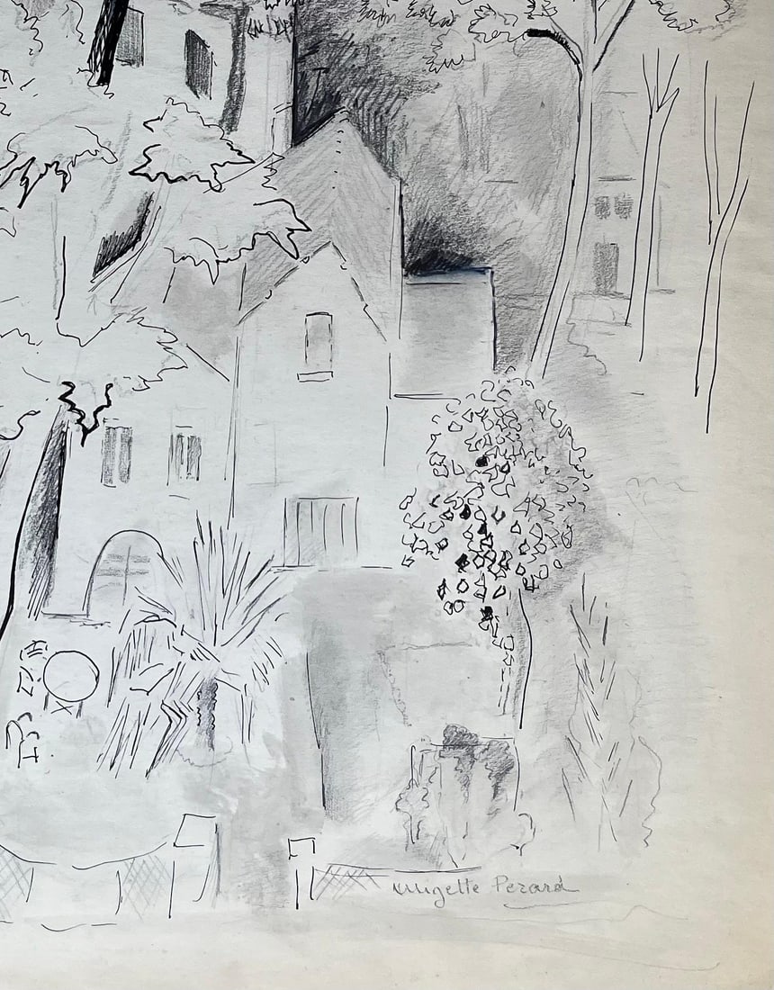 Anne Marie Migette Perard; French Mid-Century Ink and Graphite Drawing of Village Among Trees - 14