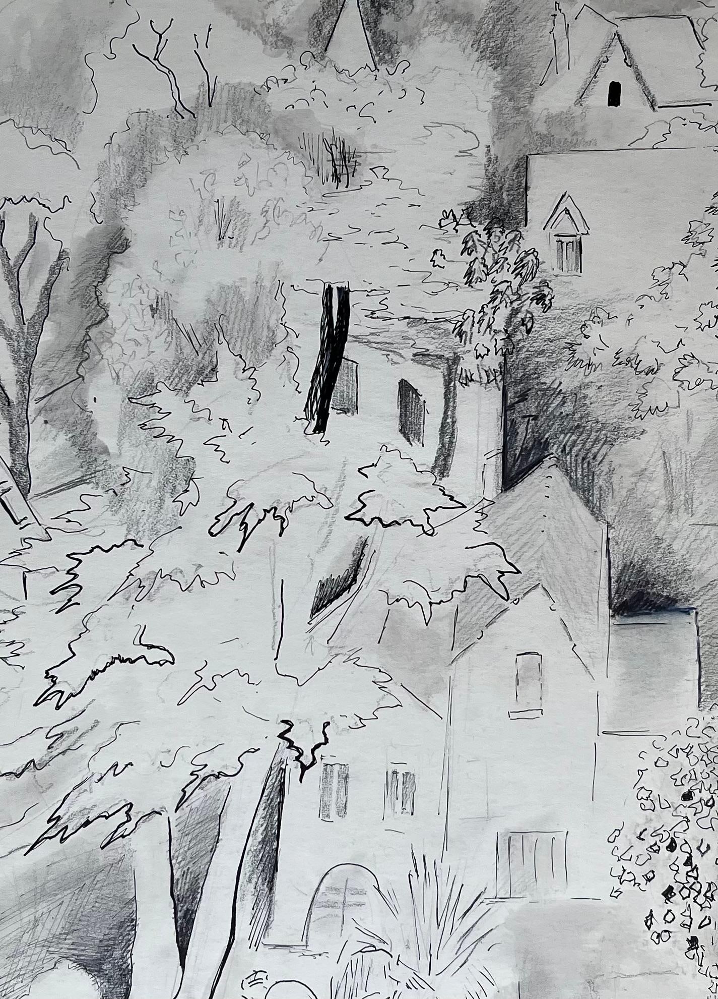 Anne Marie Migette Perard; French Mid-Century Ink and Graphite Drawing of Village Among Trees - 2