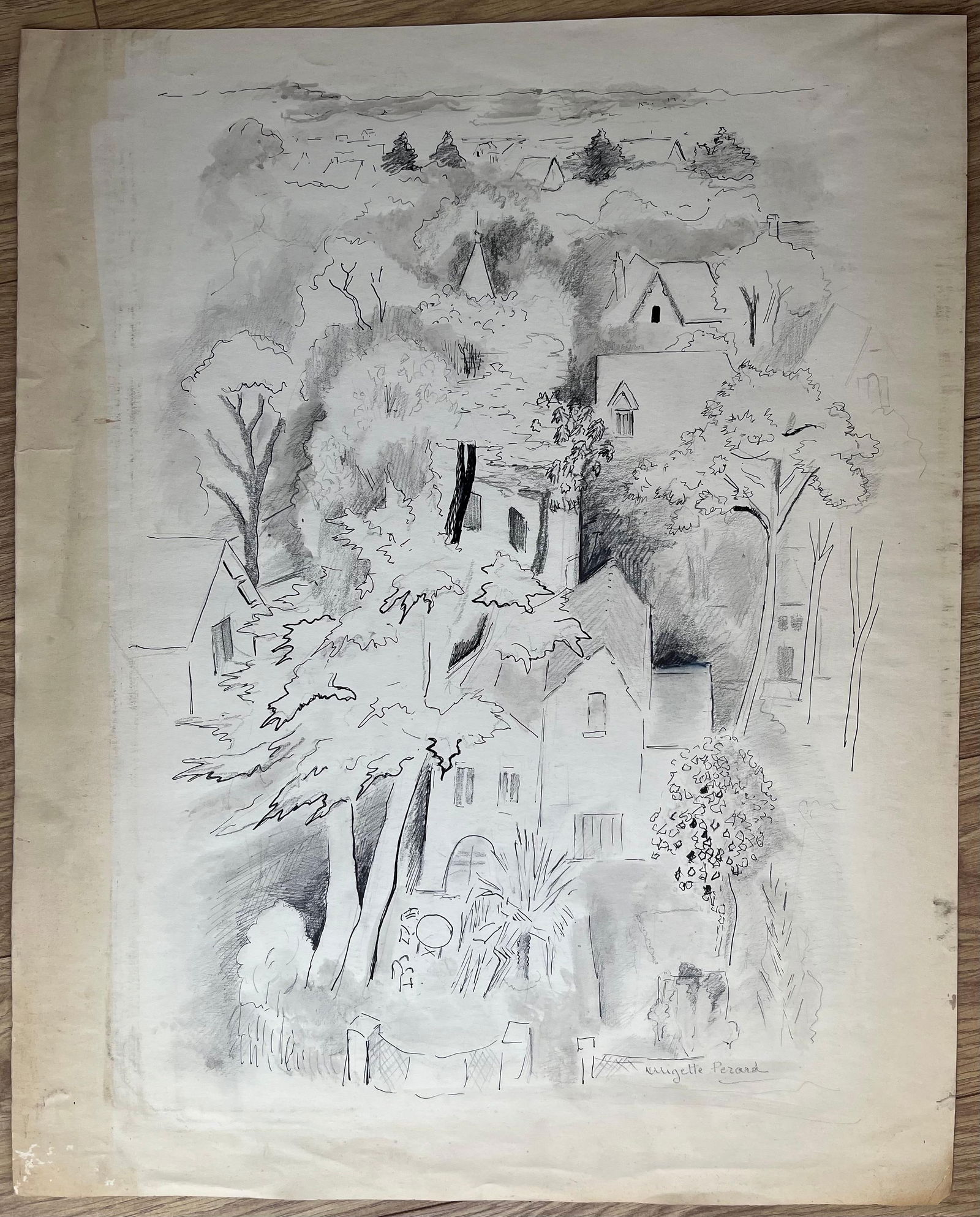 Anne Marie Migette Perard; French Mid-Century Ink and Graphite Drawing of Village Among Trees - 5