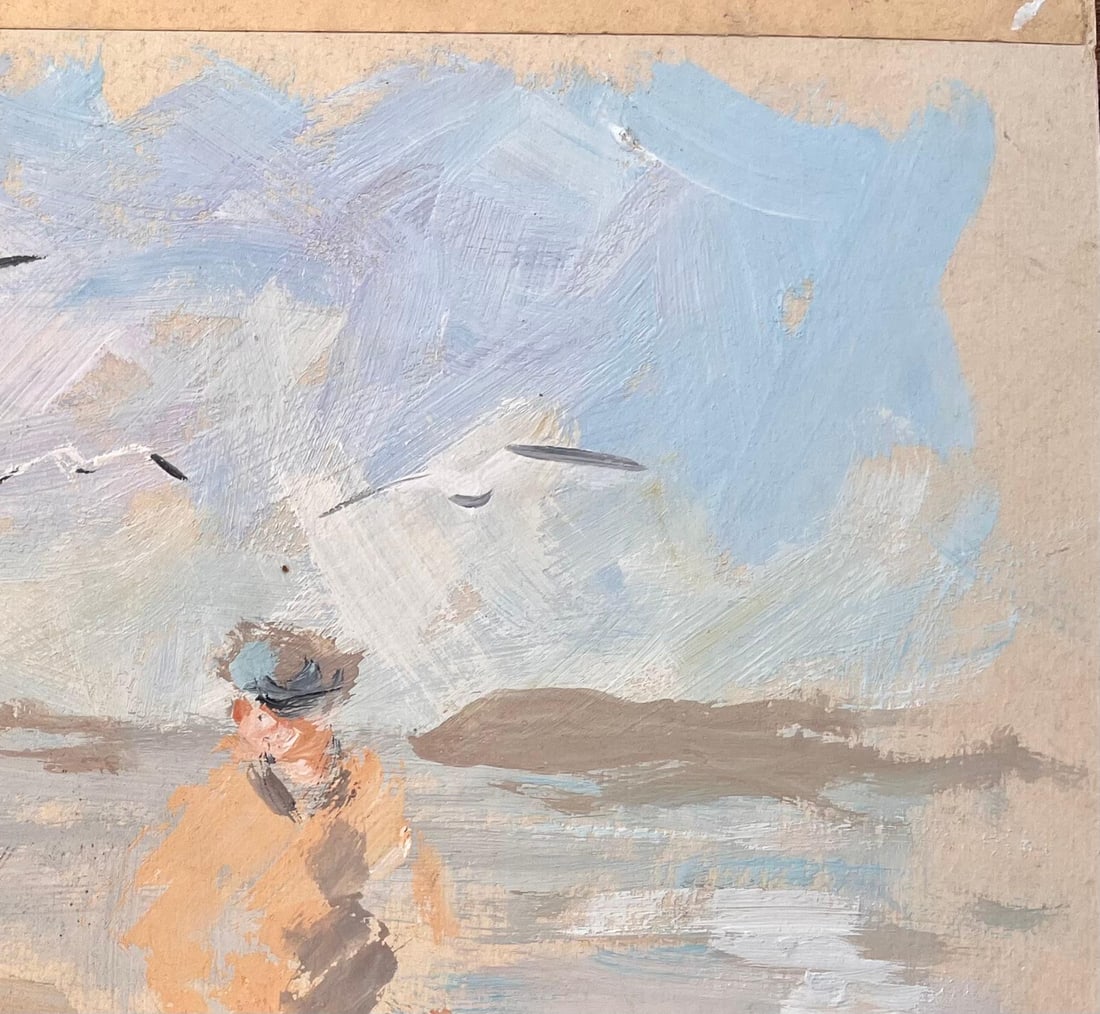 F.T Roussel; Impressionist Beach Scene with Fisherman and Woman Walking Under Seagulls, 1994 - 7