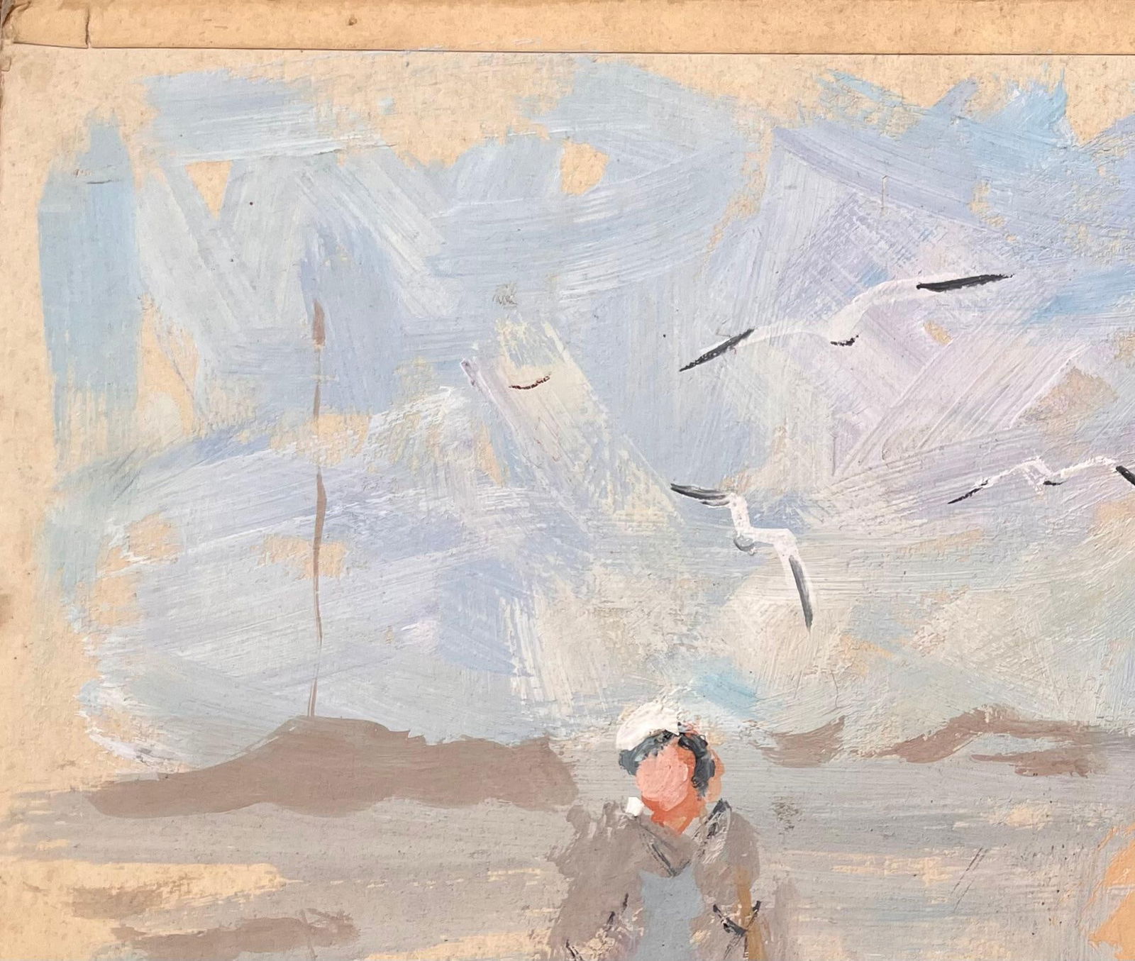F.T Roussel; Impressionist Beach Scene with Fisherman and Woman Walking Under Seagulls, 1994 - 9