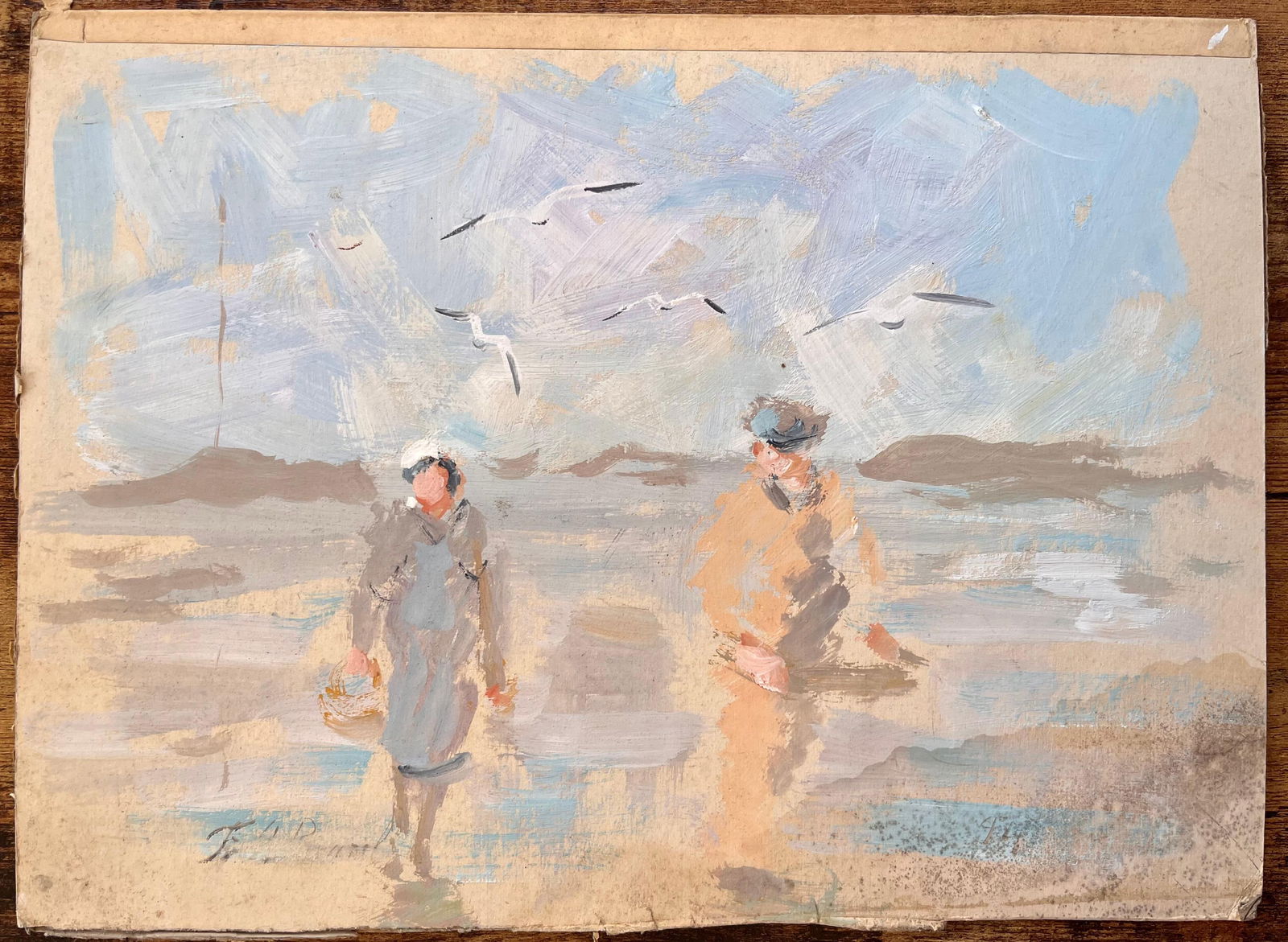 F.T Roussel; Impressionist Beach Scene with Fisherman and Woman Walking Under Seagulls, 1994 - 13