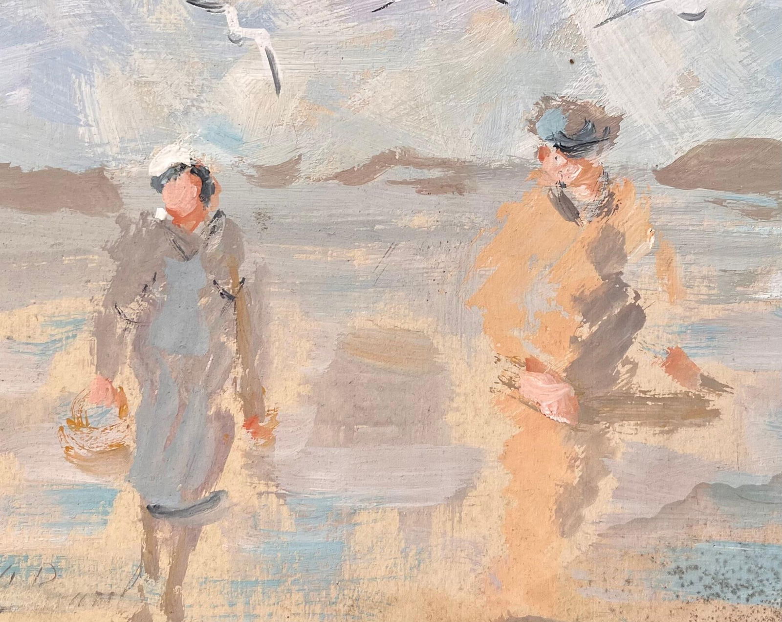 F.T Roussel; Impressionist Beach Scene with Fisherman and Woman Walking Under Seagulls, 1994 - 2