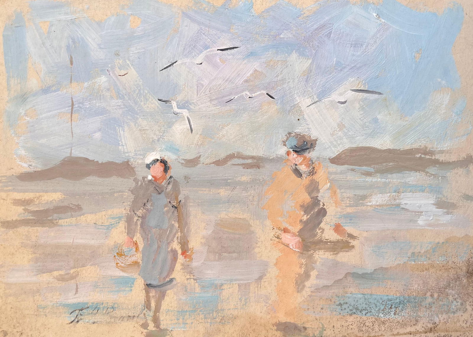 F.T Roussel; Impressionist Beach Scene with Fisherman and Woman Walking Under Seagulls, 1994 - 4