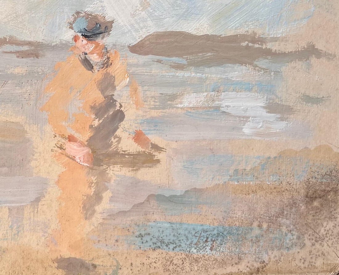 F.T Roussel; Impressionist Beach Scene with Fisherman and Woman Walking Under Seagulls, 1994 - 6