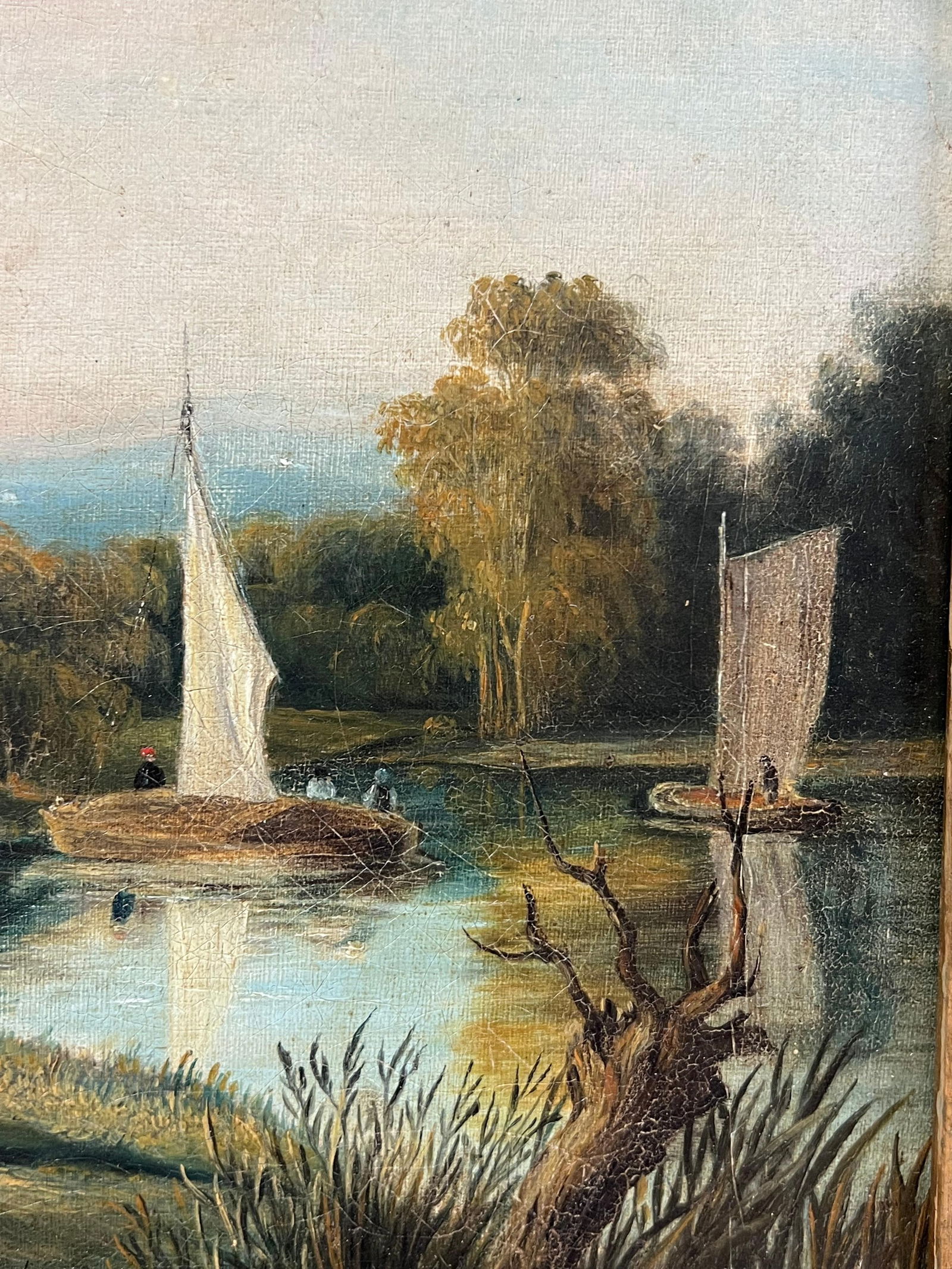 Victorian English; Fine Victorian English Rural Oil Painting Boat on River Farmer and Cattle - 7