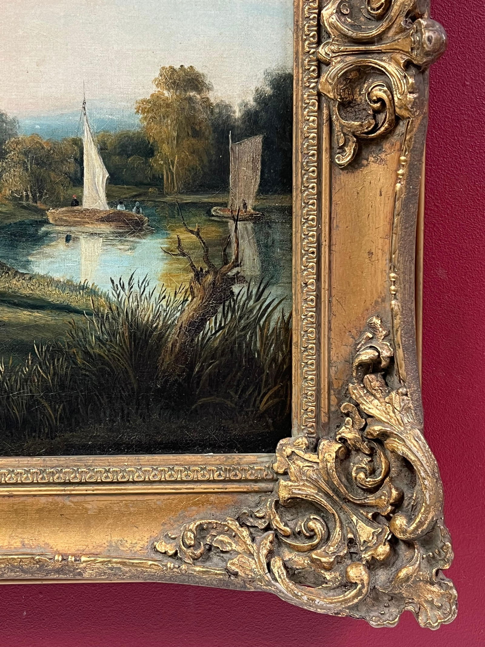 Victorian English; Fine Victorian English Rural Oil Painting Boat on River Farmer and Cattle - 8