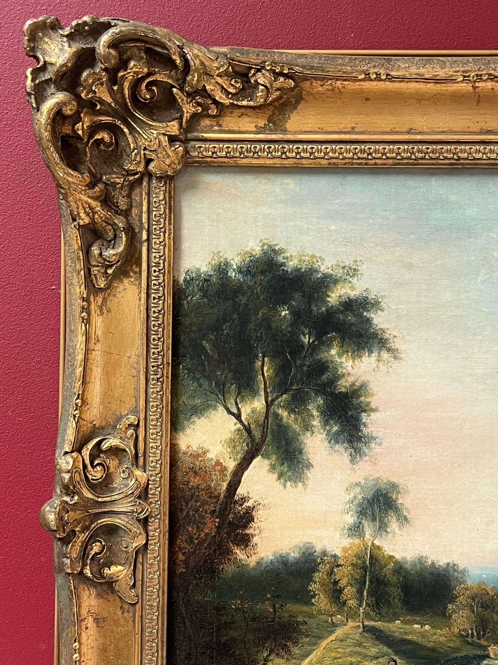 Victorian English; Fine Victorian English Rural Oil Painting Boat on River Farmer and Cattle - 9