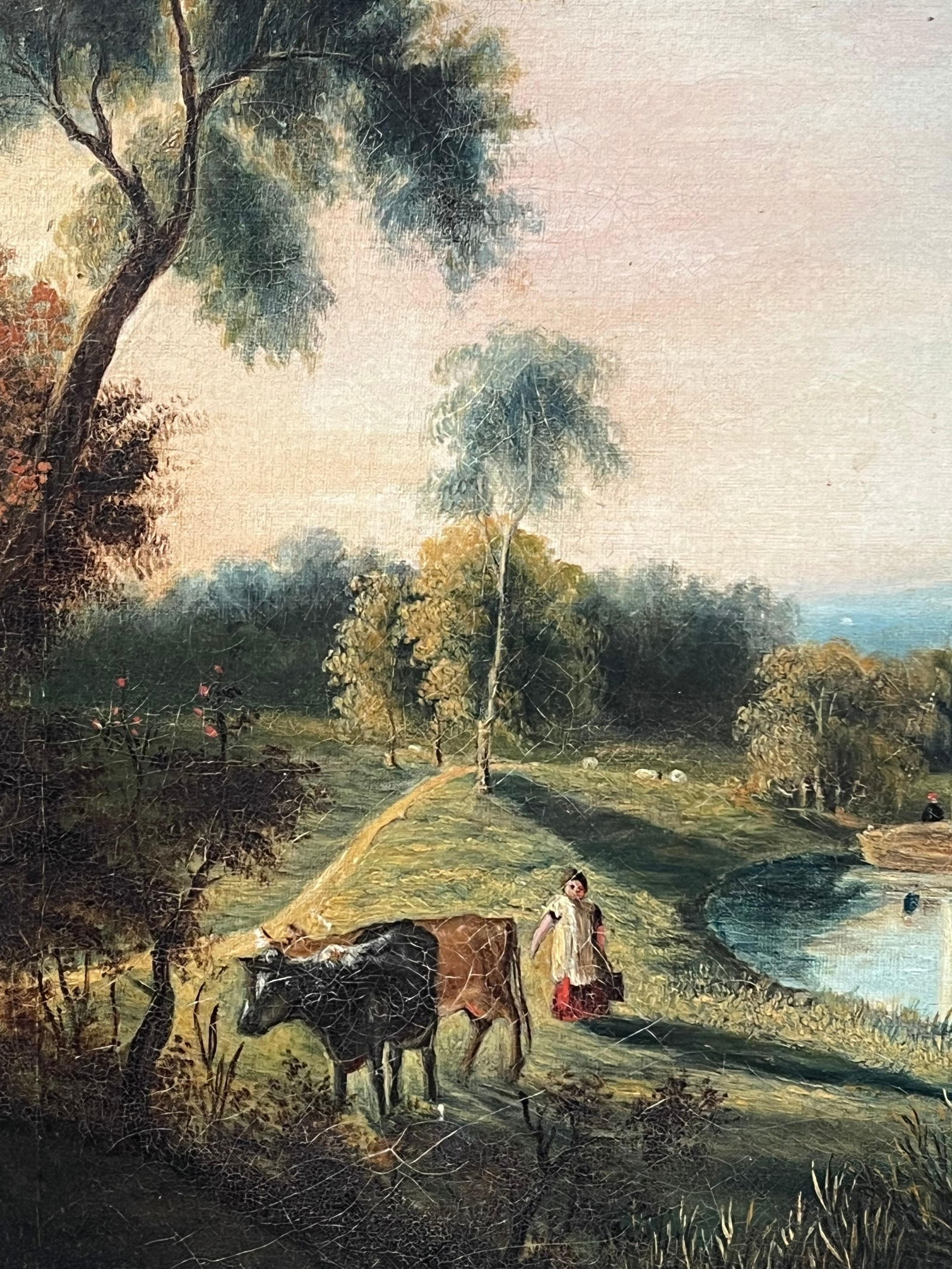 Victorian English; Fine Victorian English Rural Oil Painting Boat on River Farmer and Cattle - 10