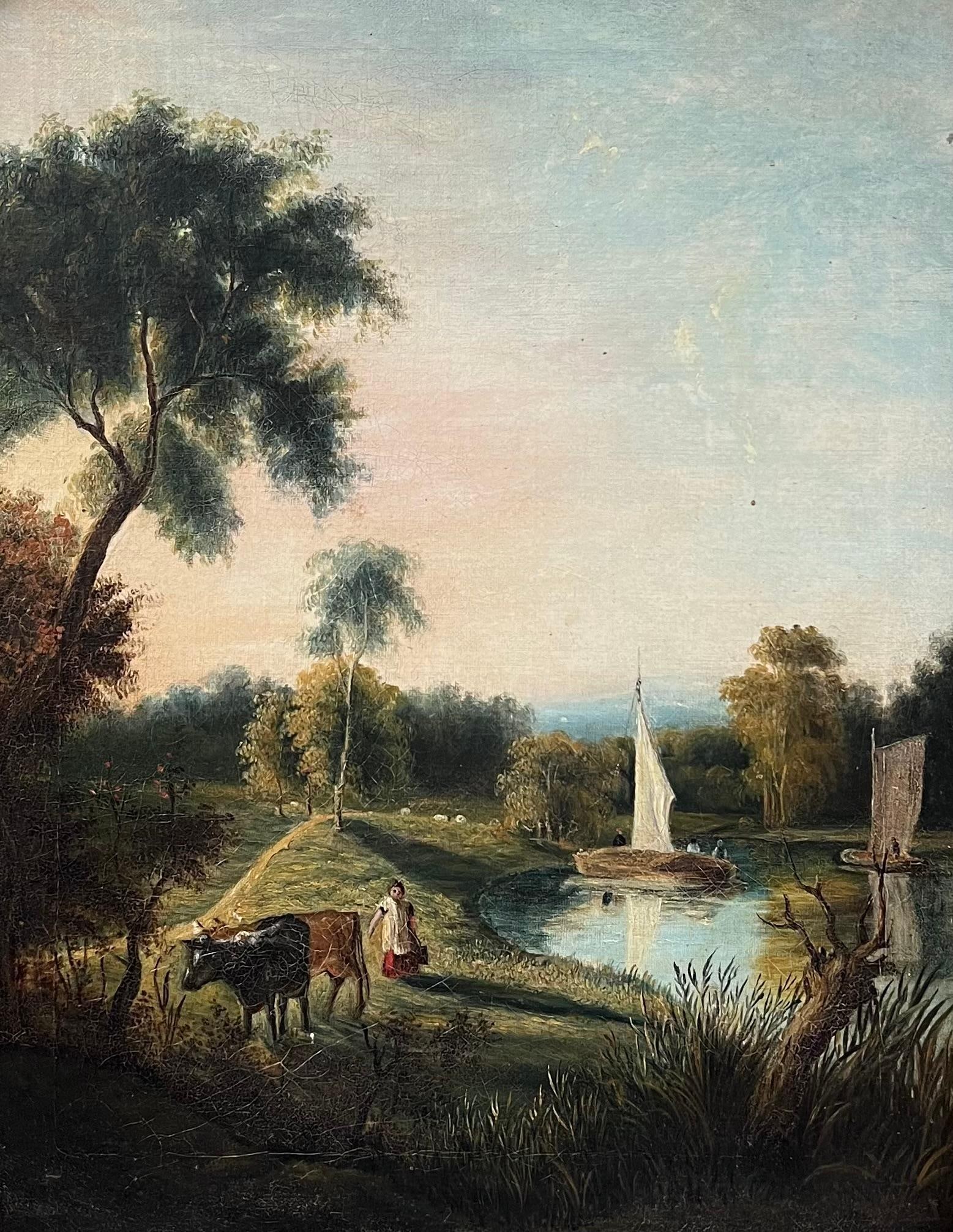 Victorian English; Fine Victorian English Rural Oil Painting Boat on River Farmer and Cattle - 5