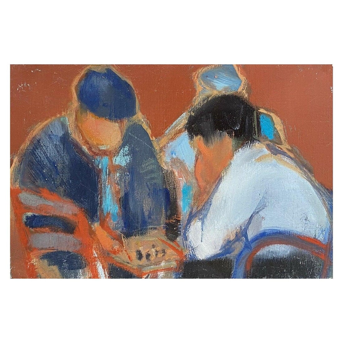 Rene Leroy, French Modernist Oil Painting, Figures Hunched over Board Game, 1900s: Title: Rene Leroy, French Modernist Oil Painting, Figures Hunched over Board Game, 1900s Description: Abstract Design by Arlette Martin (French, b.1924) atelier stamped signed and dated 71' gouache/wa