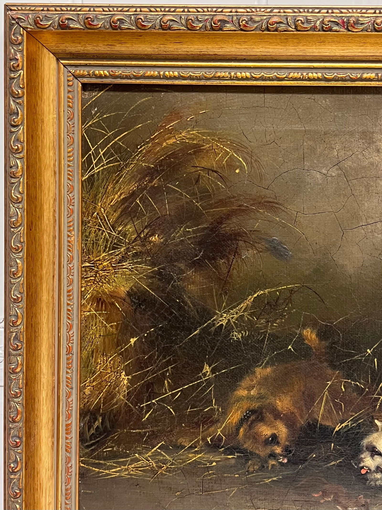Frank Cassell; Antique English Sporting Art Oil Painting Terrier Dogs Ratting in Barn Stable, 1889 - 7