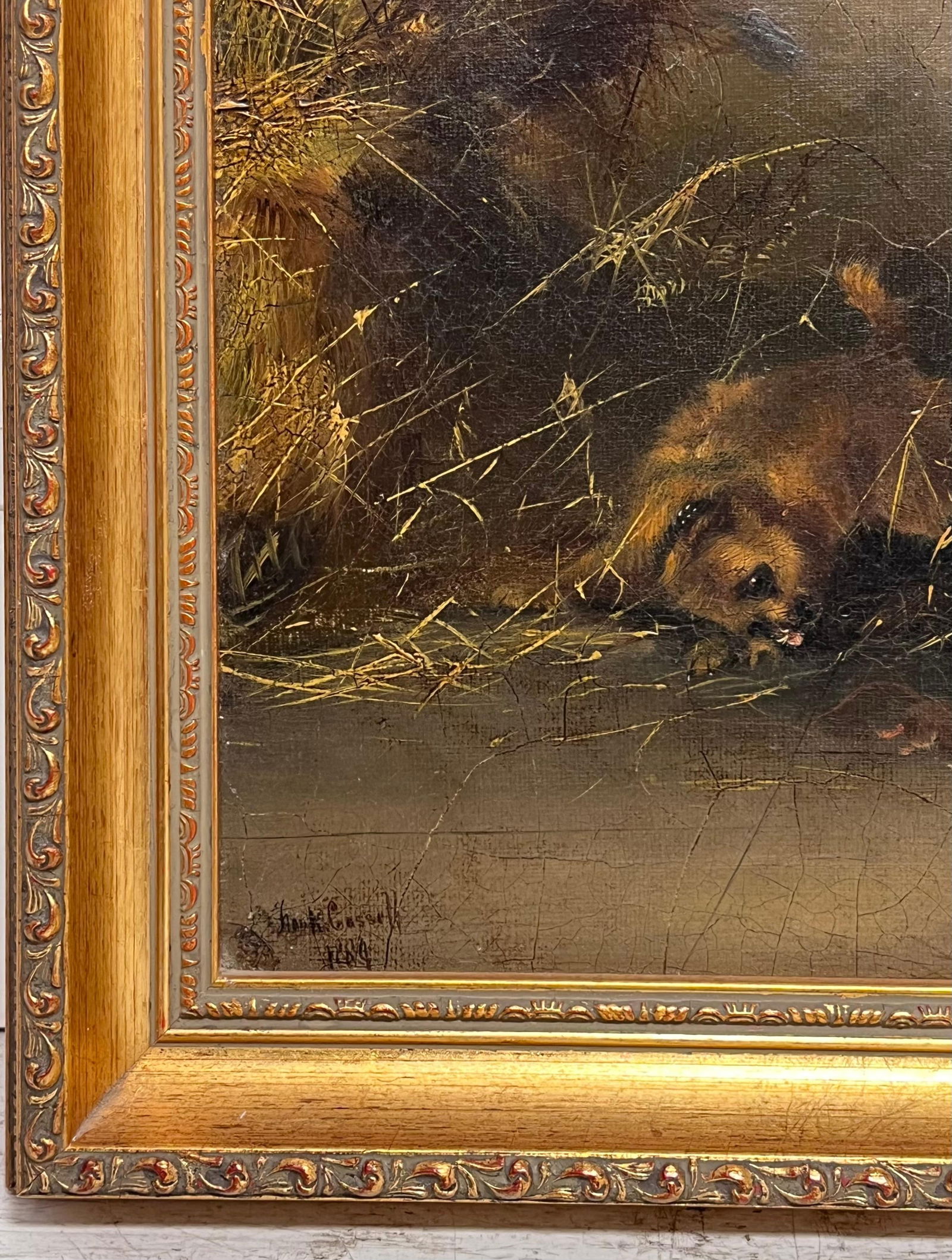 Frank Cassell; Antique English Sporting Art Oil Painting Terrier Dogs Ratting in Barn Stable, 1889 - 8