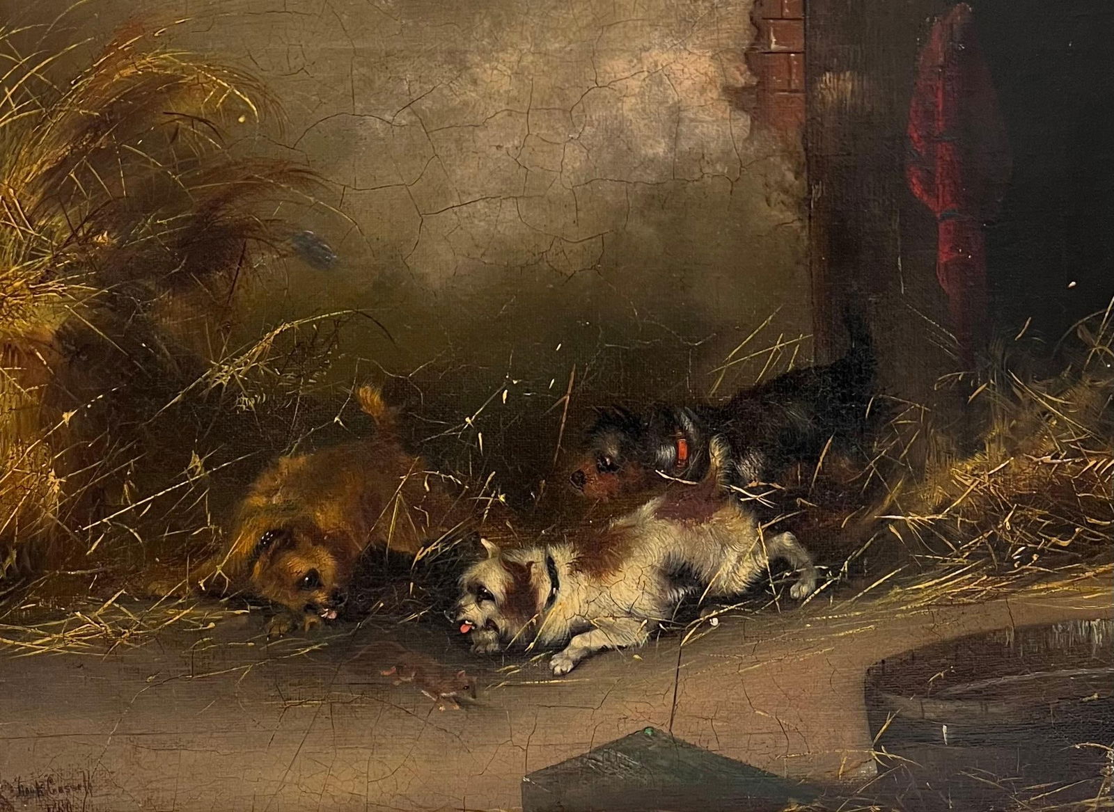 Frank Cassell; Antique English Sporting Art Oil Painting Terrier Dogs Ratting in Barn Stable, 1889 - 12