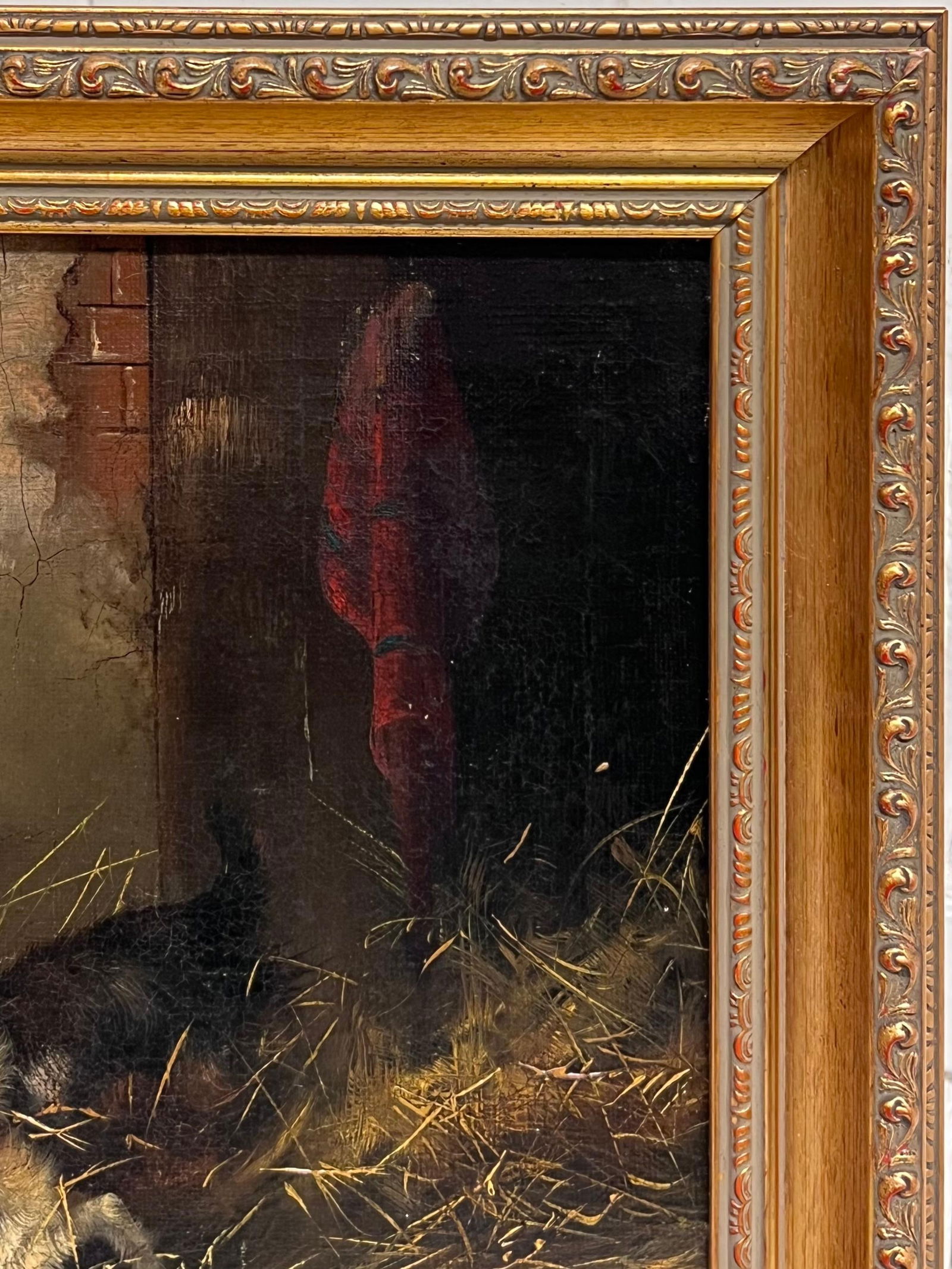 Frank Cassell; Antique English Sporting Art Oil Painting Terrier Dogs Ratting in Barn Stable, 1889 - 2