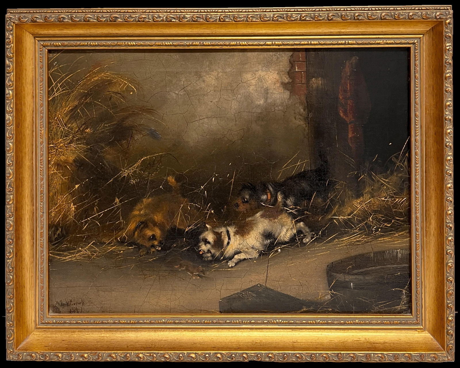 Frank Cassell; Antique English Sporting Art Oil Painting Terrier Dogs Ratting in Barn Stable, 1889 - 4