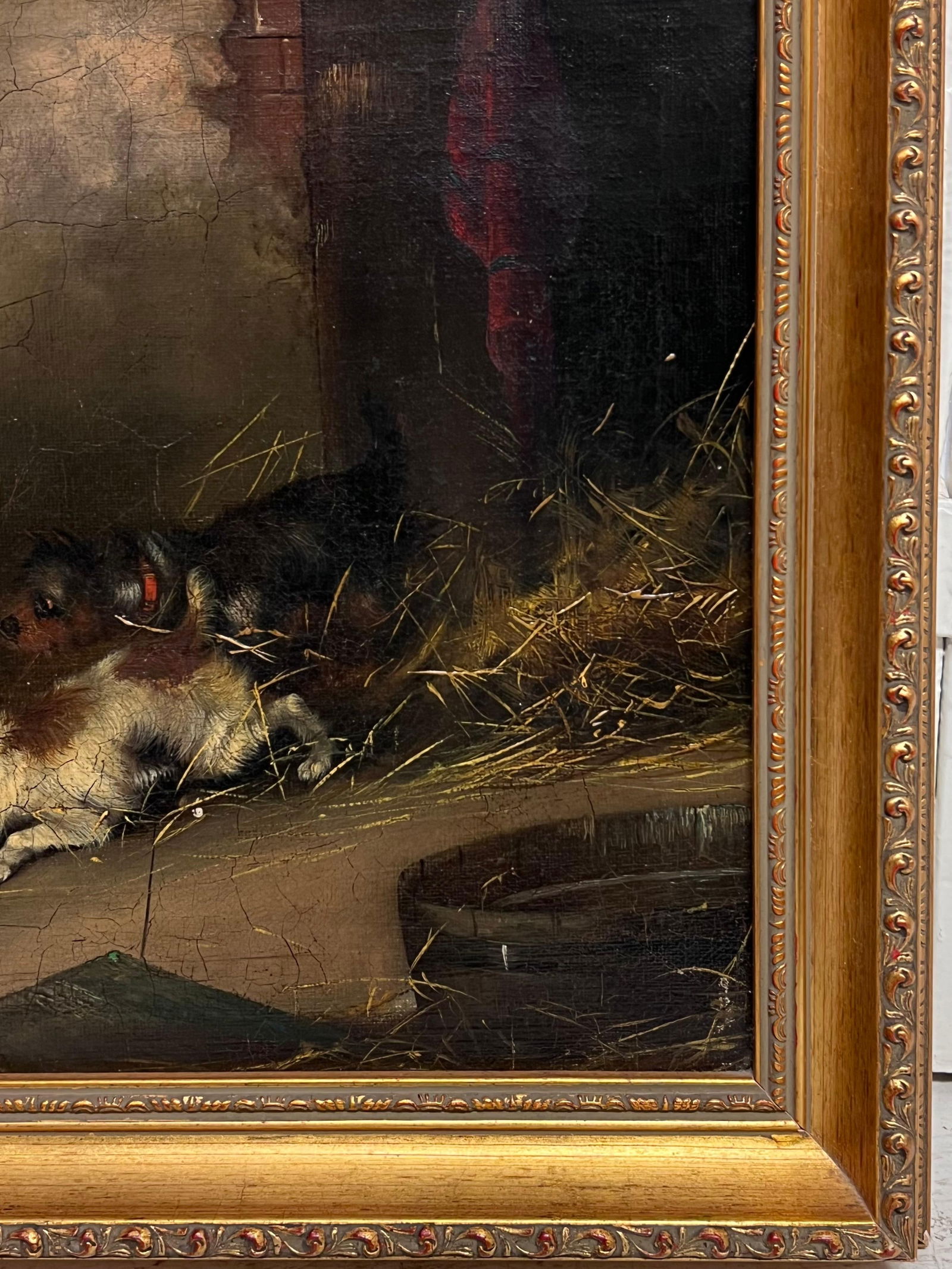 Frank Cassell; Antique English Sporting Art Oil Painting Terrier Dogs Ratting in Barn Stable, 1889 - 6